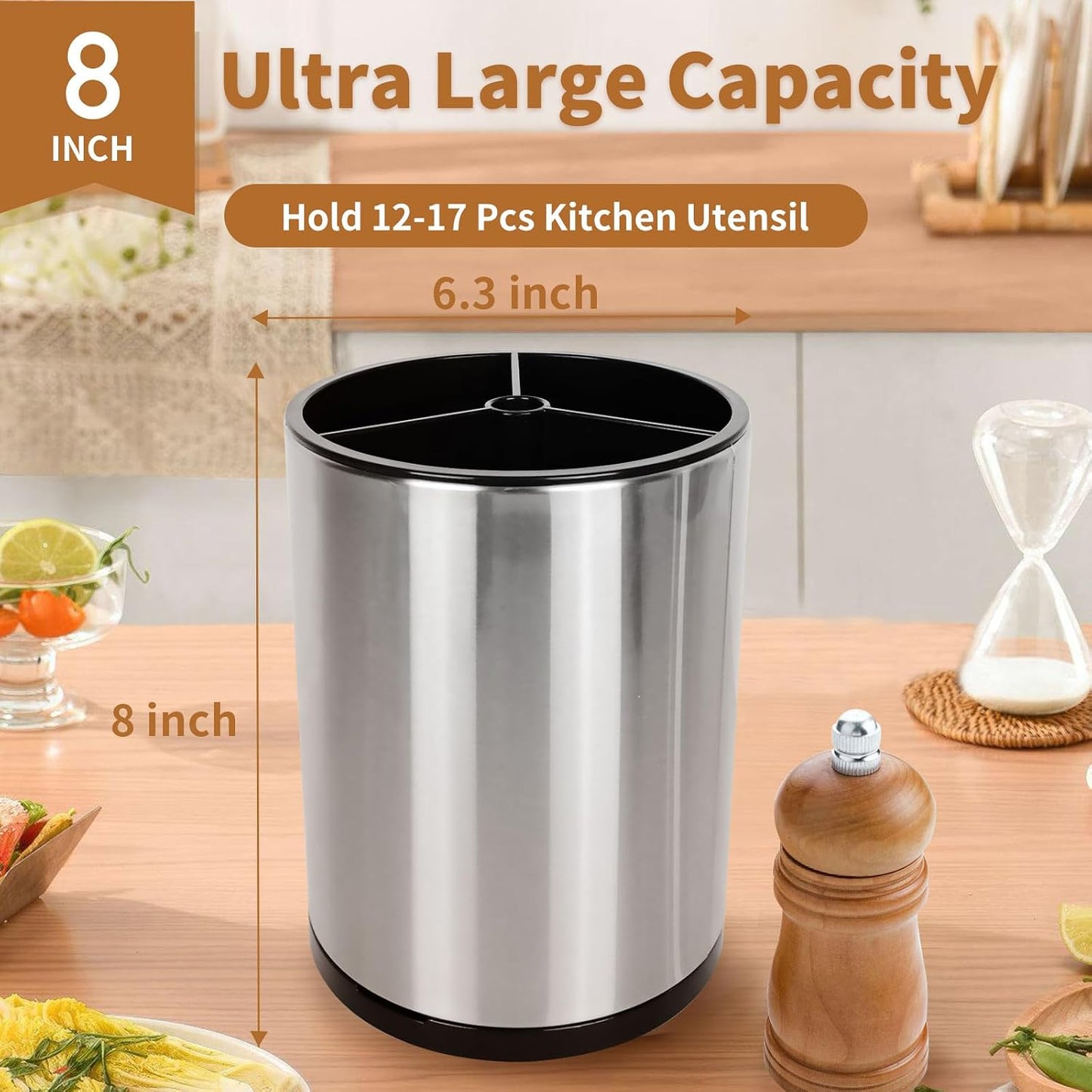 Nigelia Extra Large Kitchen Utensil Holder, 360° Rotating Stainless Steel Cooking Utensil Holder for Countertop, 3 Compartment Flatware Organizer & Cooking Caddy with Removable Base(Silvery)
