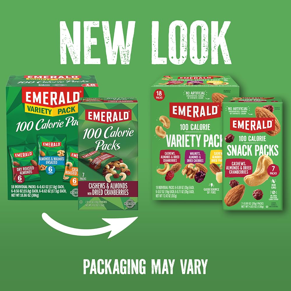 Emerald Nuts Roasted and Salted Cashews 7ct, 100-Calorie Individually Wrapped, Kosher Certified, Non-GMO, Plant-Based, No Artificial Additives