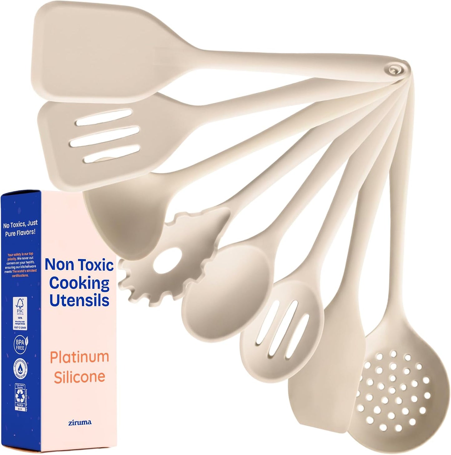 NonToxic Platinum Silicone Utensils, 100% Plastic-Free, 8-Pcs, Beige | LFGB-certified platinum silicone. Solid steel core, no hidden plastics. 500ยฐF heat resistant. Non-scratch. Dishwasher safe