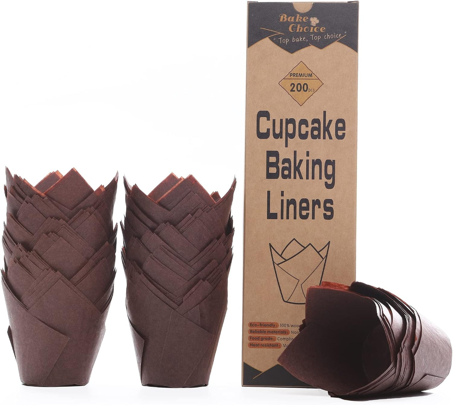 Bake Choice 200pcs Natural Tulip Cupcake Liners for Baking Muffin Liners | Unbleached European Parchment Paper, Heat-resistant, Greaseproof, Cupcake Wrapper for Party, Christmas, Gift