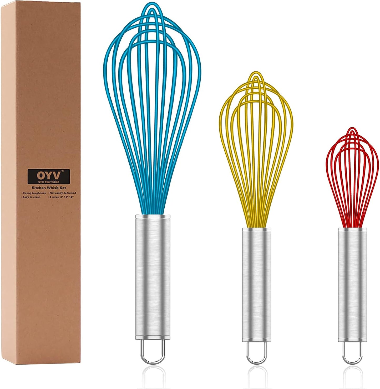 OYV Silicone Whisk,Heat Resistant 480°F Whisks For Cooking Non Scratch,Stainless Steel wired wisk,Plastic Rubber Whisk Tool For Nonstick Cookware Pans,Silicon Wisks Set of 4,Blue