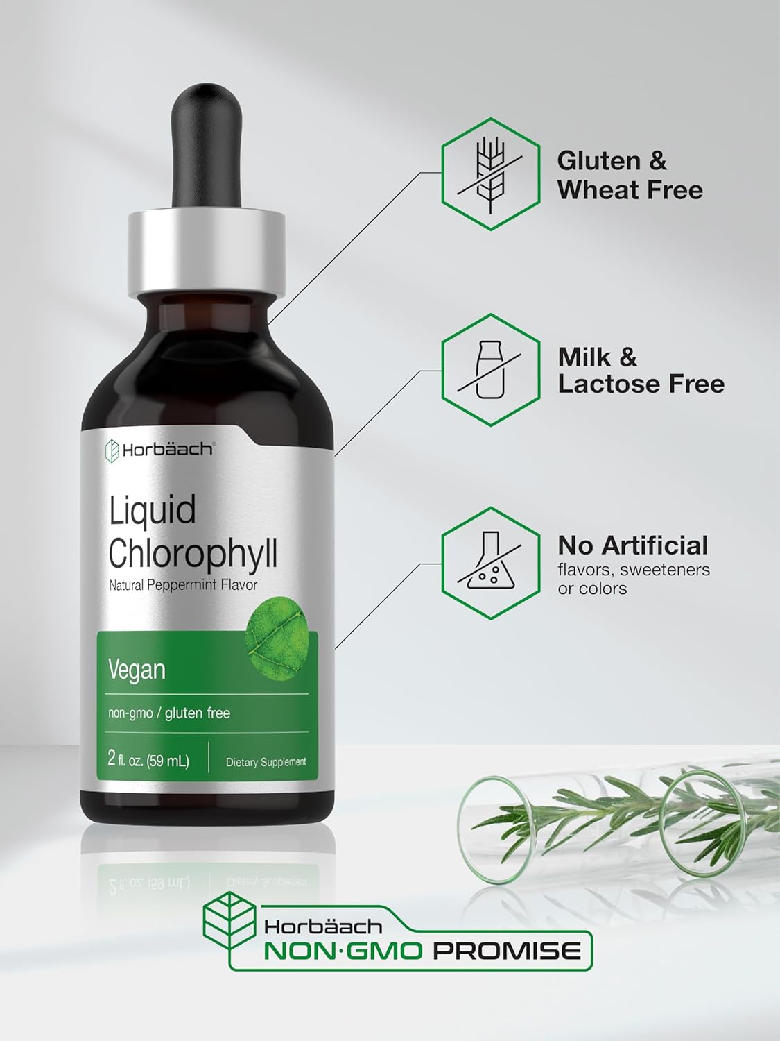 Horbäach Liquid Chlorophyll Drops | 2 fl oz | Natural Peppermint Flavor | Vegan, Non-GMO & Gluten Free Formula