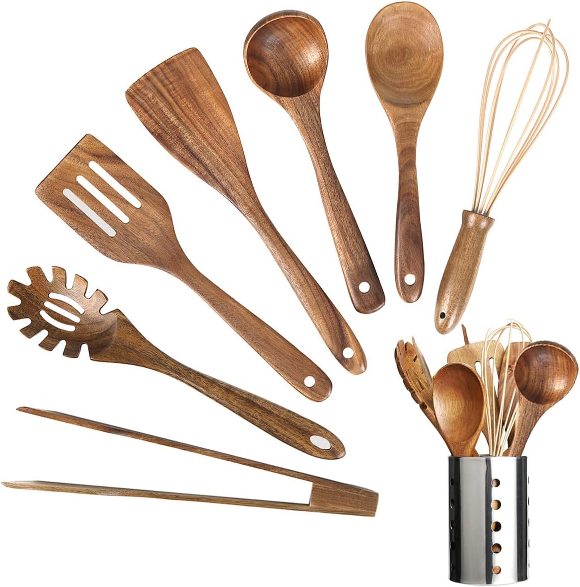AIUHI 11-Piece Natural Teak Wood Kitchen Utensil Set with Holder, Wooden Spoons and Cooking Utensils for Nonstick Cookware, Includes Spatulas, Ladle and Whisk