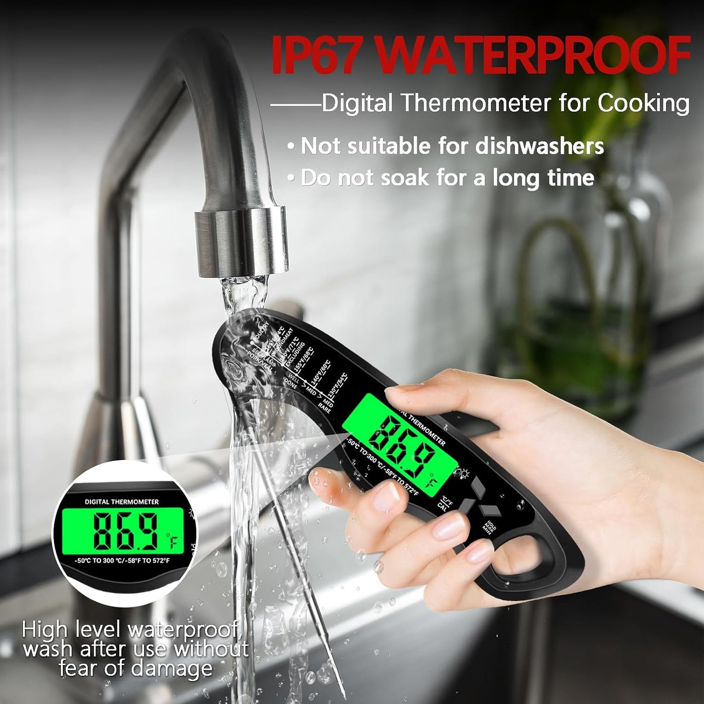 Cooking Thermometer,IP67 Waterproof Meat Thermometer Digital | Backlight,Magnetic attraction,Hold Function,Instant Read,LED screen,for Cooking,Outdoor Grilling