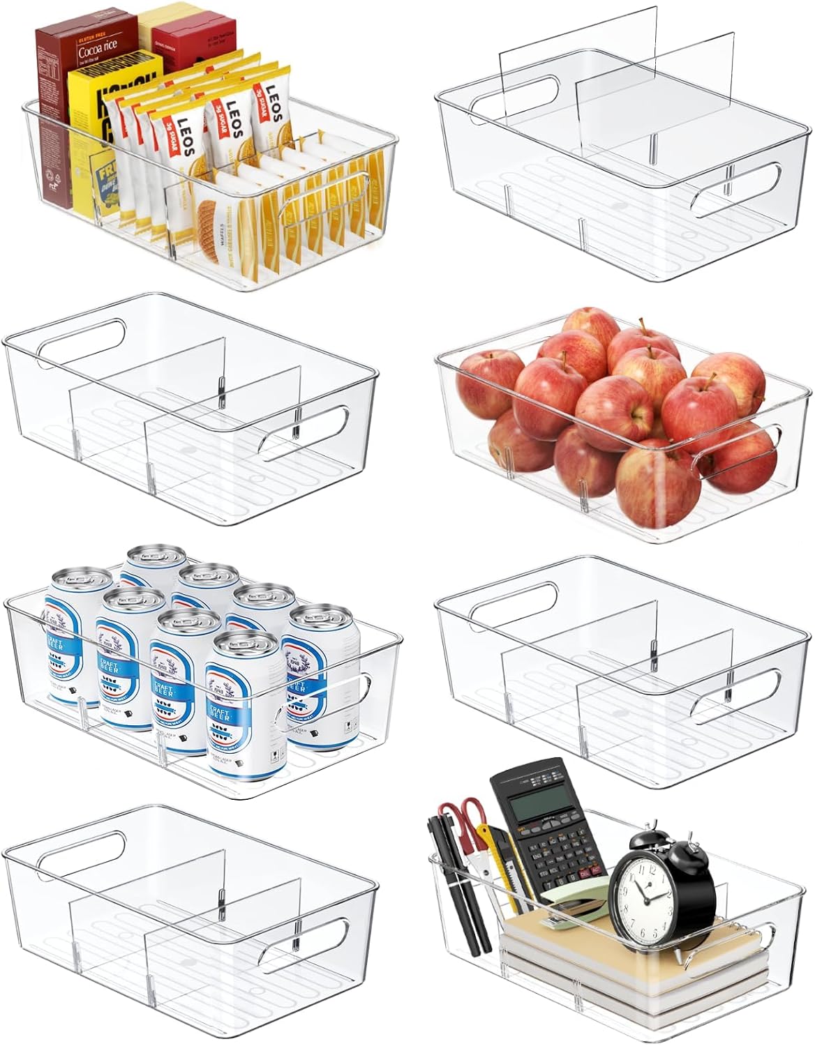 Mpotmiy 6 Pack Pantry Organizers and Storage,Clear Plastic Containers with 2 Dividers for Kitchen,Fridge Organization and Storage,Acrylic Bins for Pounches,Spice Packet,Snack organzier