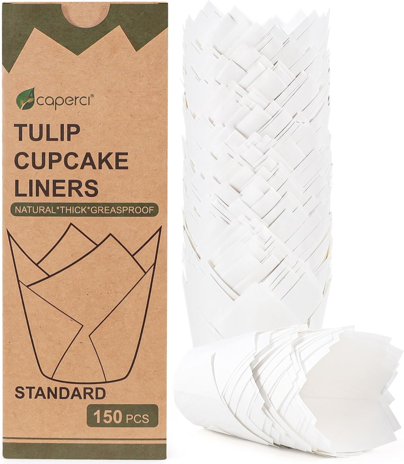 Caperci 150pcs Natural Tulip Cupcake Liners Unbleached European Parchment Paper Baking Cups Muffin Liners for Party, Wedding, Christmas, Birthday