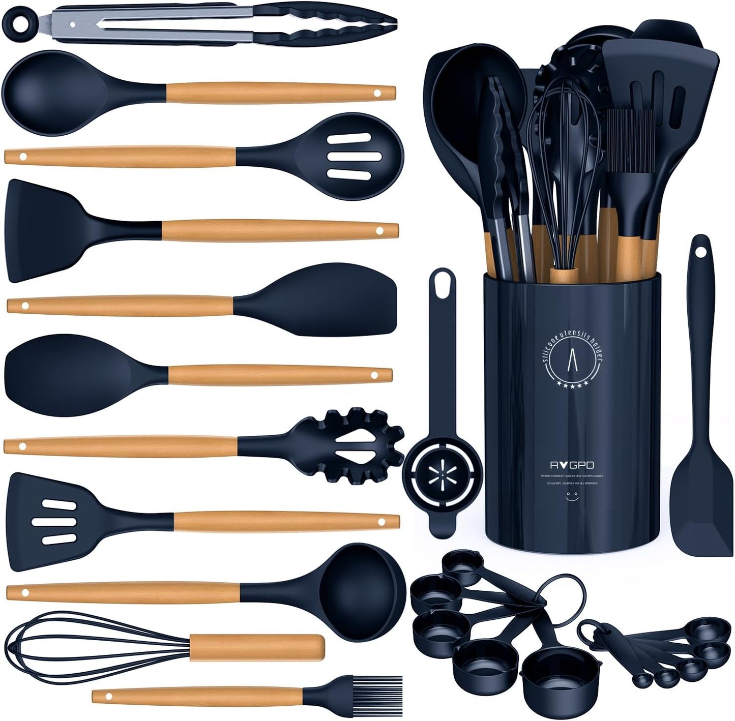 AVGPD Silicone Cooking Utensils Set, Silicone Utensils for Cooking, 446° Heat Resistant Kitchen Utensil Silicone Spatula Sets, Kitchen Gadgets for Non-Stick Cookware BPA FREE (Cream White)