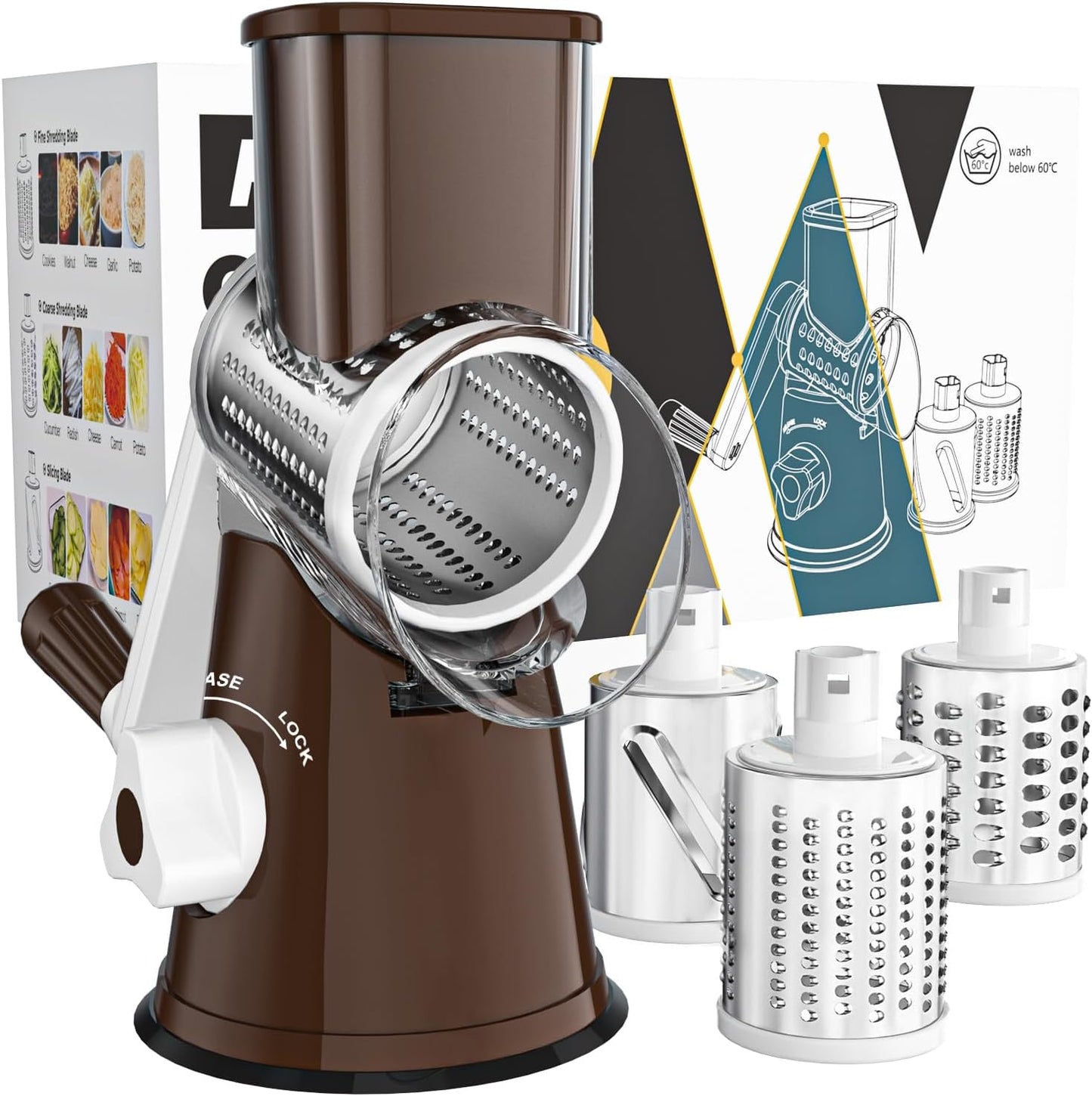 Cambom Rotary Cheese Grater Hand Crank Cheese Shredder, Black | for Fresh Cheese, Vegetable, Nuts,Non-slip Suction Base, Three Blades