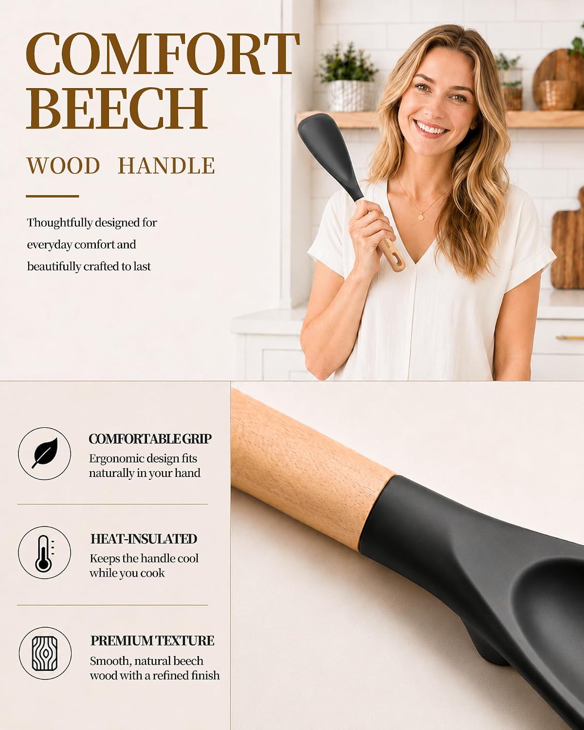 Astercook Cooking Spoon, Nonstick Safe Silicone Spatula with Long Wooden Handles, Heat Resistant, BPA-Free, Built-in Spoon Rest, 2 Pack Spatula Spoon for Stirring, Scooping, Scraping and Serving