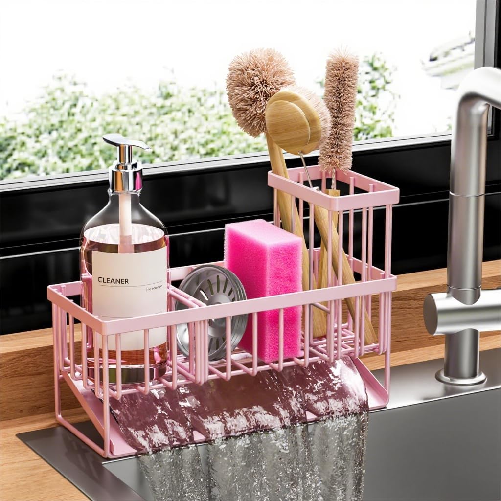 Cisily Sink Caddy Sponge Holder for Kitchen with Brush Holder and Stainless Steel Self Drain Tray, Rustproof Kitchen Sink Organizer for Sponge, Soap Dispenser Storage Accessories