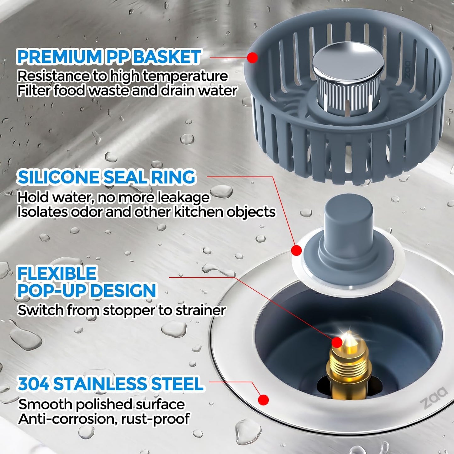 zaa 3 in 1 Kitchen Sink Drain Strainer Stopper Removable Basket Pop-Up | Kitchen Sink Accessories 1 Pack Silver Stainless - Food Catcher, Odor-Blocking Seal, Fits 3.5" Drain, Easy Clean