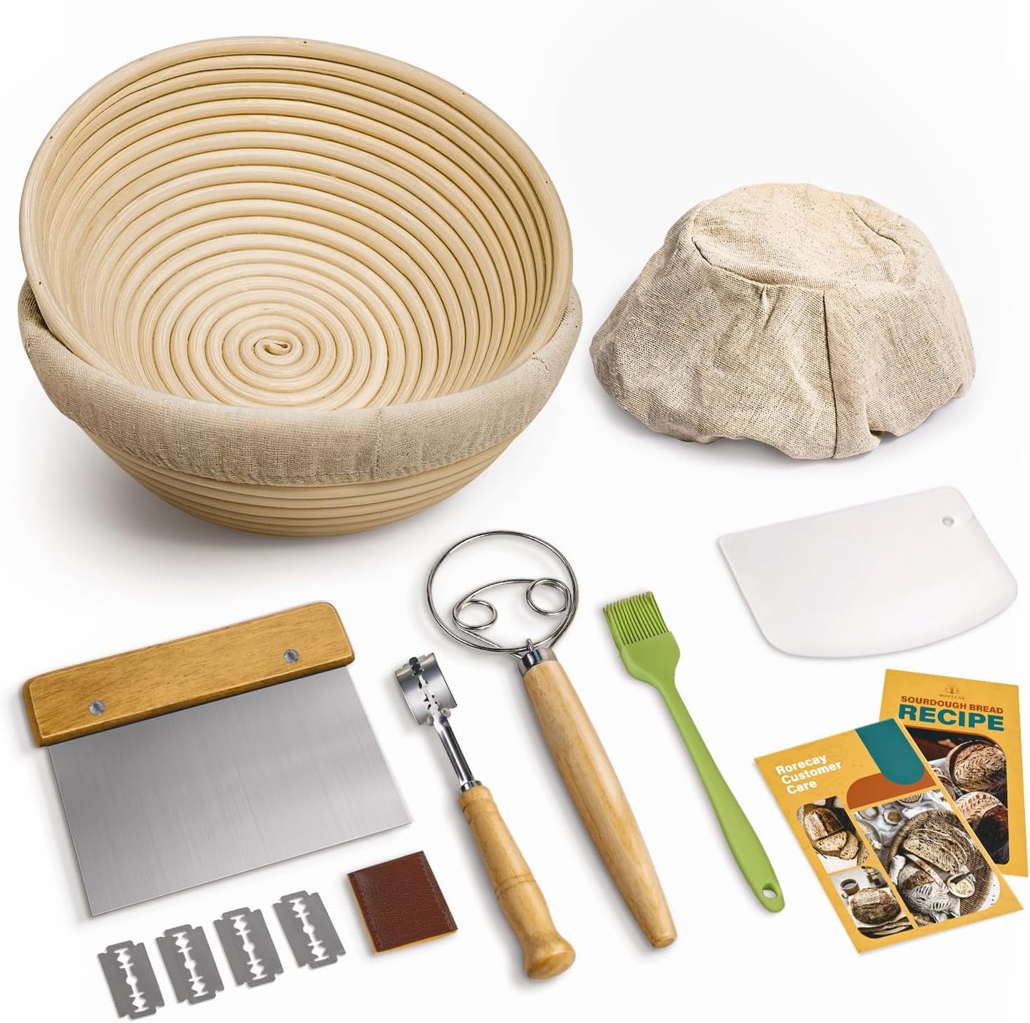 Rorecay Sourdough Starter Kit with Banneton Bread Proofing Baskets | Complete Sourdough Bread Baking Supplies, Beginner Friendly, 9 in Round & 10 in Oval Rattan Banneton, Sturdy Sour Dough Tools