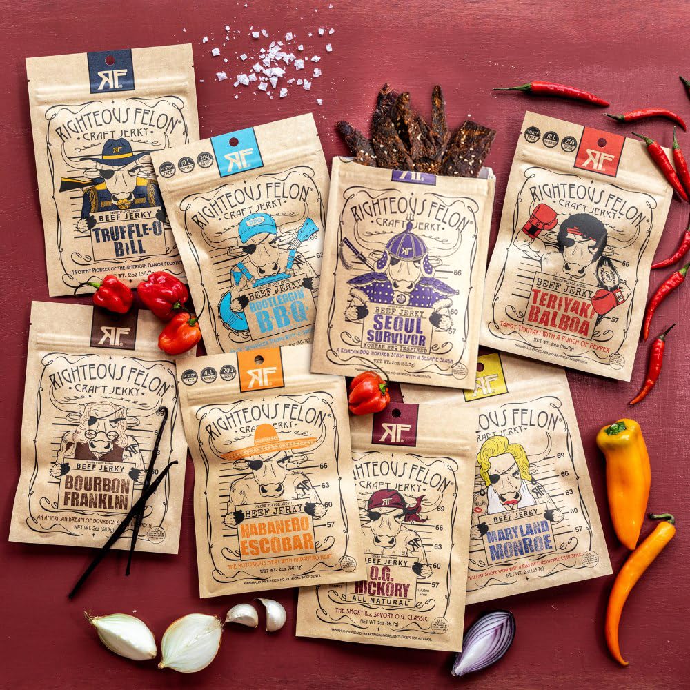 Righteous Felon Beef Jerky Variety Pack, 8 Pack Sampler, Gluten Free, High Protein, Keto, Low Sugar