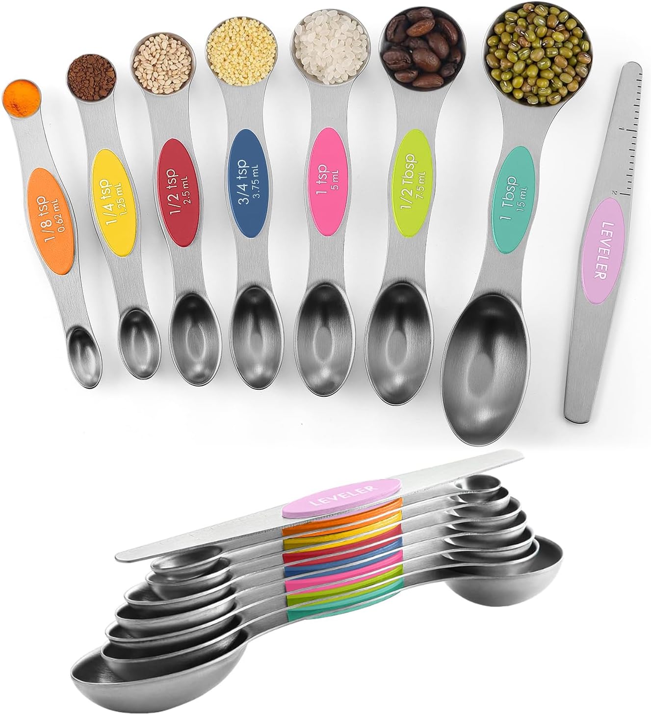 ChefAide Pack of 8 Stainless Steel Magnetic Measuring Spoons Set, Dual Sided, Stackable, Adjustable Teaspoon and Tablespoon Measure Spoon with Leveler, Kitchen Gadgets