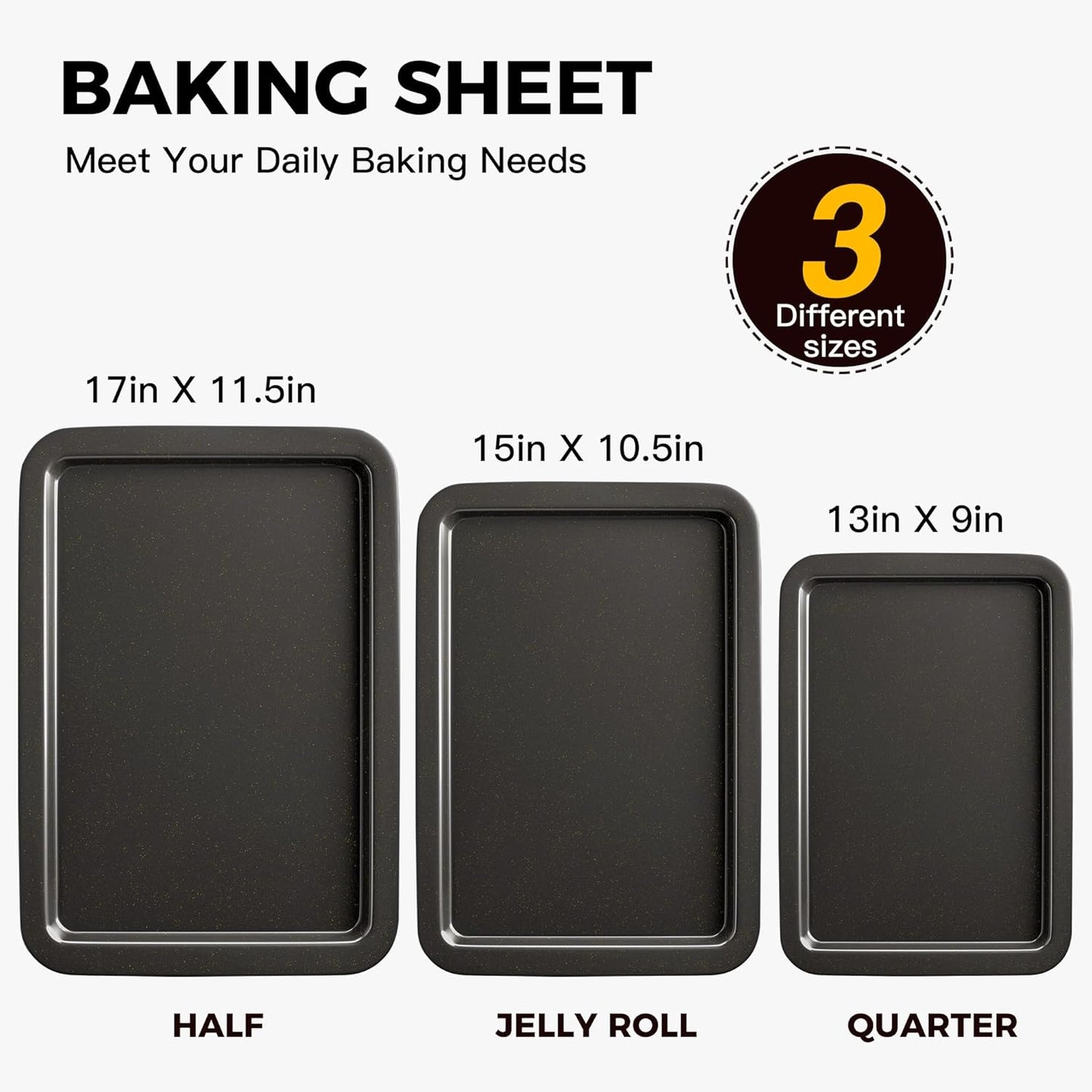 HONGBAKE Ceramic Baking Sheet Pan Set of 3, Easy to Grab, Non-Toxic | Commercial Cookie Sheets for Oven, Nonstick Half/Jelly Roll/Quarter Baking Tray,Wider Gribs, Premium,Easy to Clean- Dark Grey
