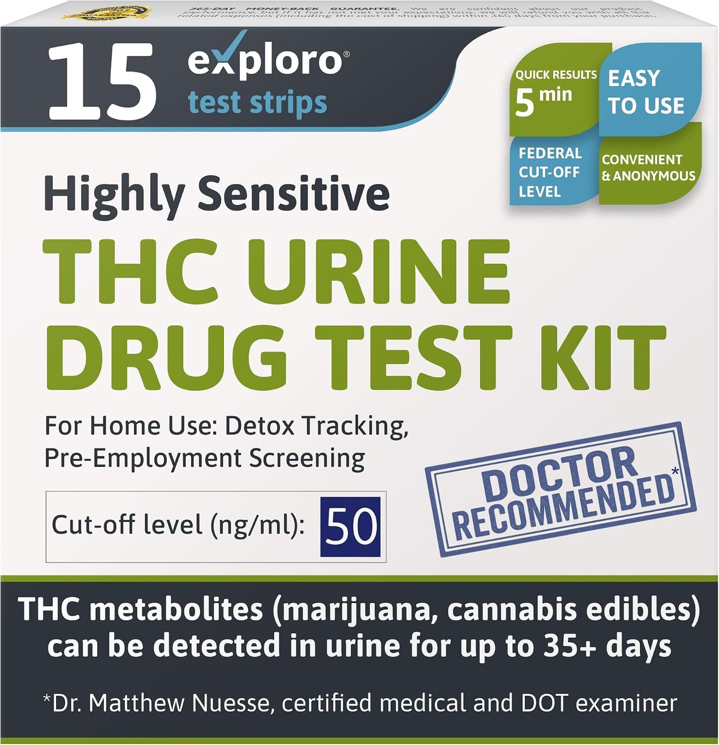Exploro THC Tests for Home Use, Marijuana Drug Test Kit for Urine, 15 Pack, 50 ng/ml Cutoff Level