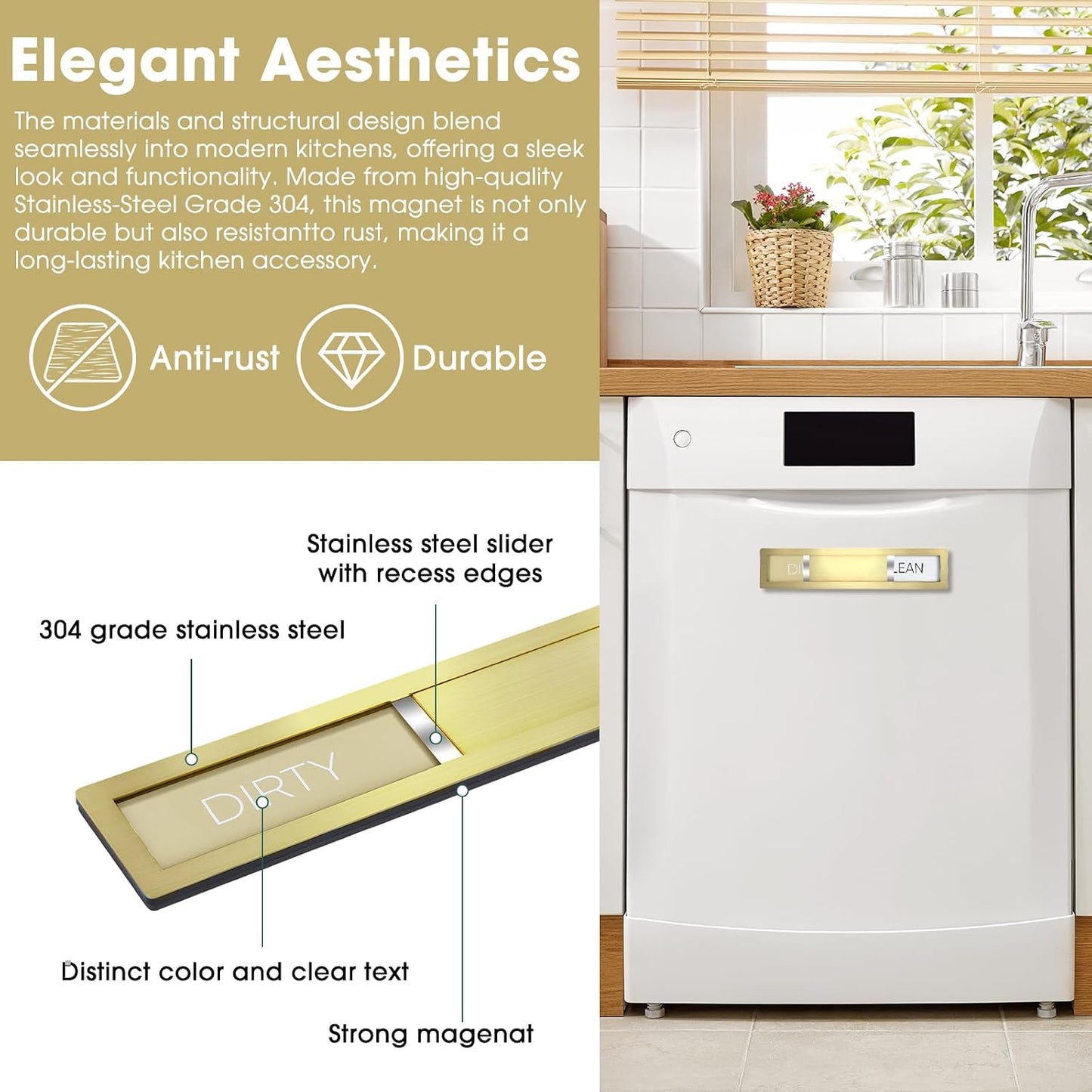 Clean Dirty Magnet for Dishwasher, Champagne Gold | Premium 304 Stainless Steel, Sleek Gold Finish Blends Seamlessly With Modern Appliances