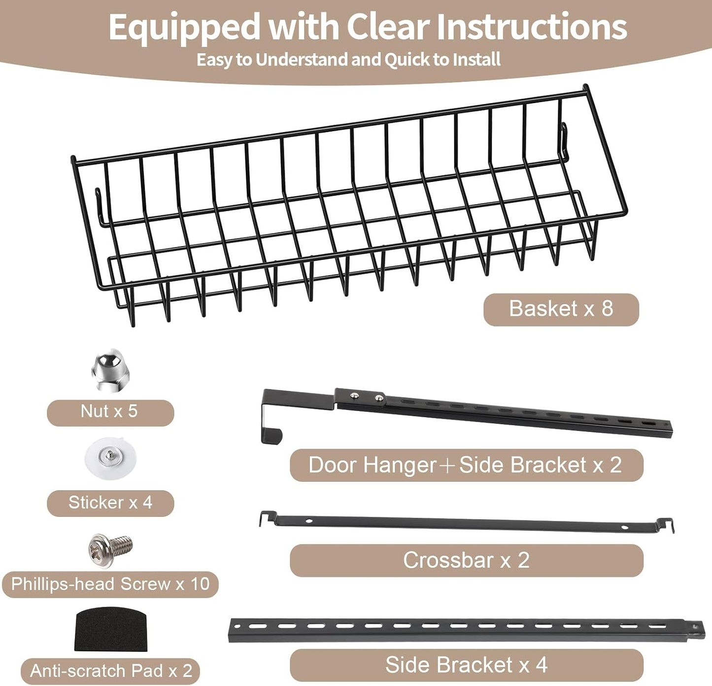 ElegantArray 8-Tier Pantry Door Organizer, Black | Over The Door, Hanging Spice Rack Shelves, Home Office Laundry Room Bathroom & Kitchen, Storage Rack
