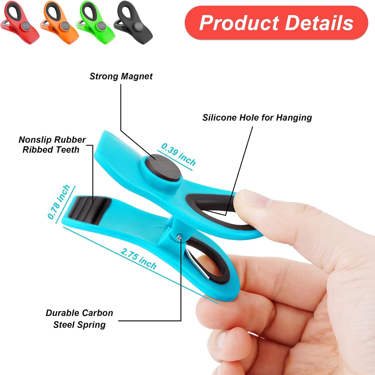 JETMORE 12 Pack Chip Clips Bag Clips, Magnetic Bag Clip for Food Storage | Heavy duty, plastic food clip for chips, snack, kitchen, refrigerator, garden, sewing, fabric, clothes pins