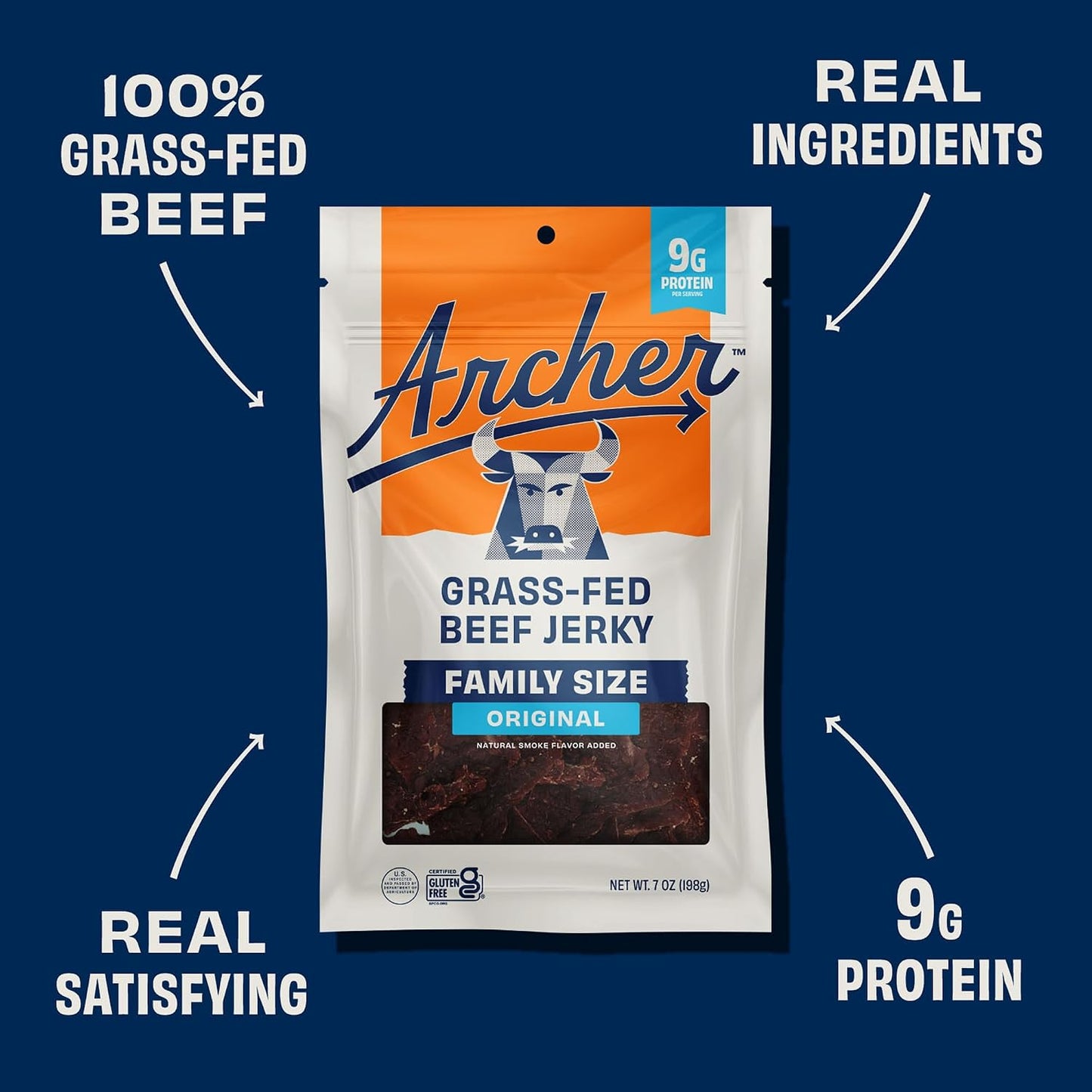 Country Archer Grass Fed Beef Jerky, 7 oz, Original Flavor, Gluten Free, No Nitrates