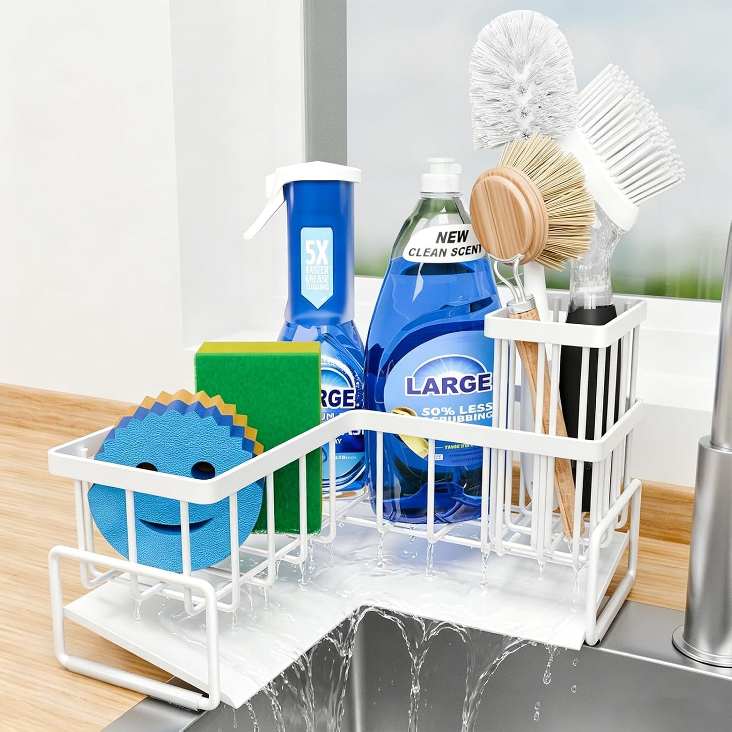 Fikoksol Large Sponge Holder for Kitchen Sink, 90-Degree Sink Caddy Storage | Self Draining Sponge Rack for Countertop, Metal L-Shaped Dish Soap Organizer with Brush Holder, Corner Sink Storage Ideas