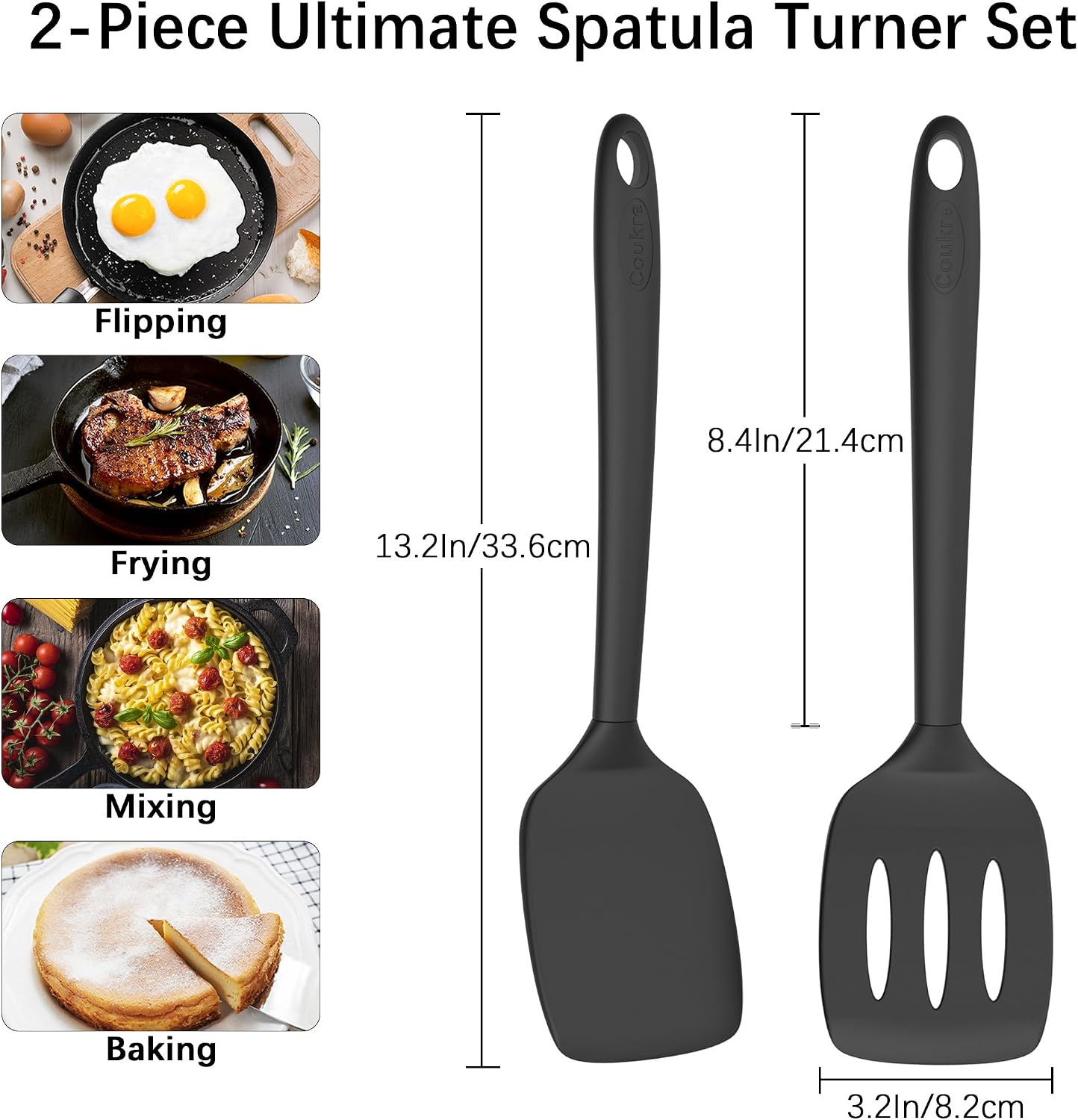 Coukre 2 Pack Silicone Spatula Set,High Heat Resistant, BPA-Free | Dishwasher Safe Kitchen Spatula for Nonstick Pans, Solid & Slotted Turners for Cooking, Sautéing, and Flipping, PureBlack