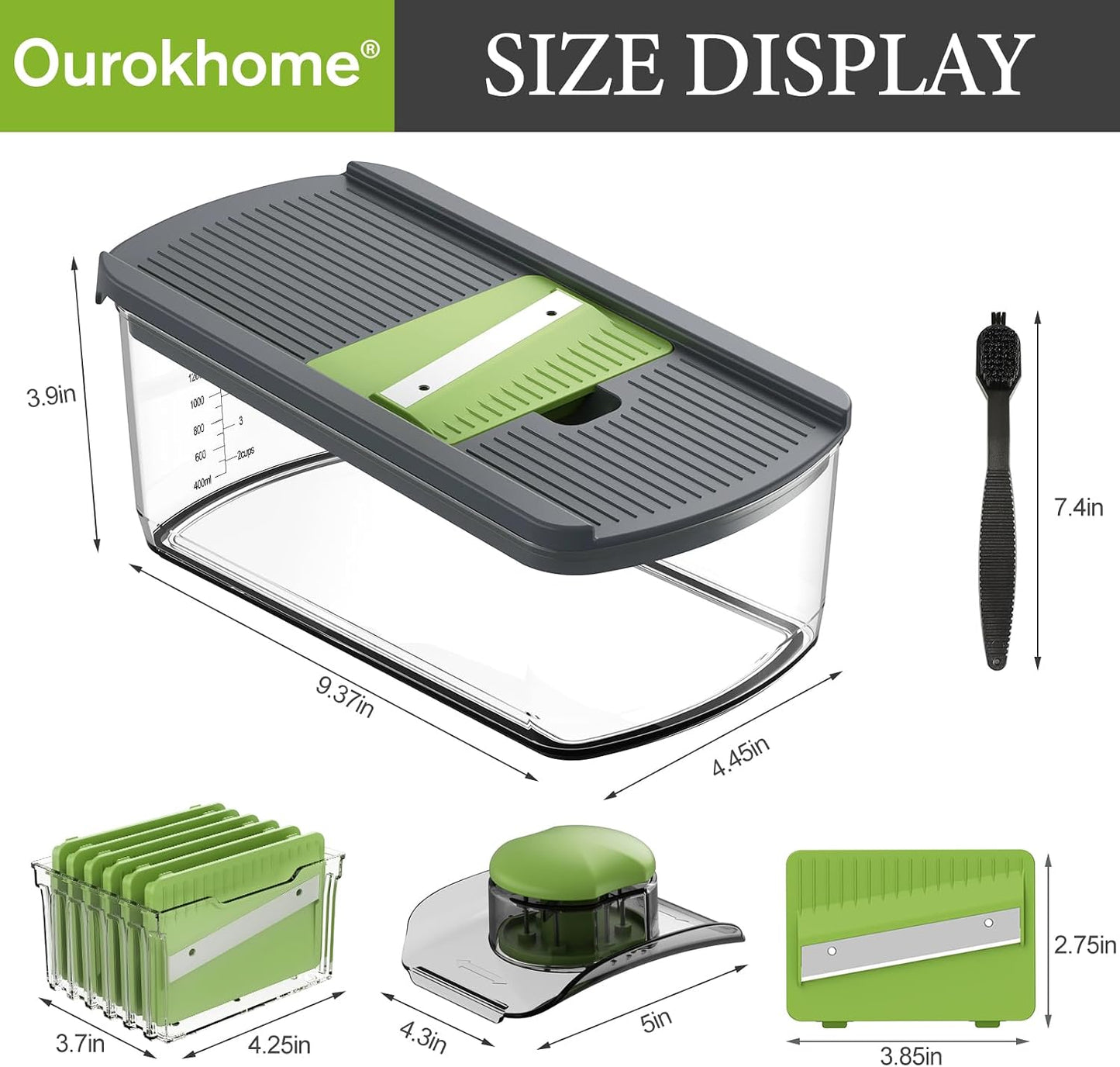 Ourokhome Mandolin Slicer for Kitchen Food, Hand Safe Vegetable Shredder with 6 Mandoline Blades, Veggie Waffle Cutter for Potato, Carrot, Zucchini, Onion, Essential Kitchen Gadgets (6 in 1, Gray)