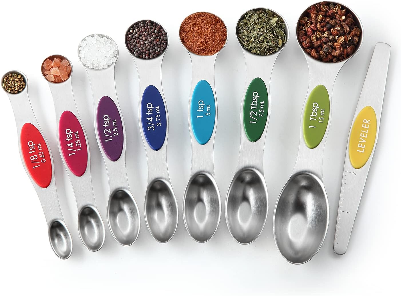 Spring Chef Magnetic Measuring Spoons Set of 8 for Kitchen, Multicolor | Stainless Steel Teaspoon & Tablespoon Measuring Spoons with Leveler for Dry & Liquid Ingredients, Dual Sided, Dishwasher Safe