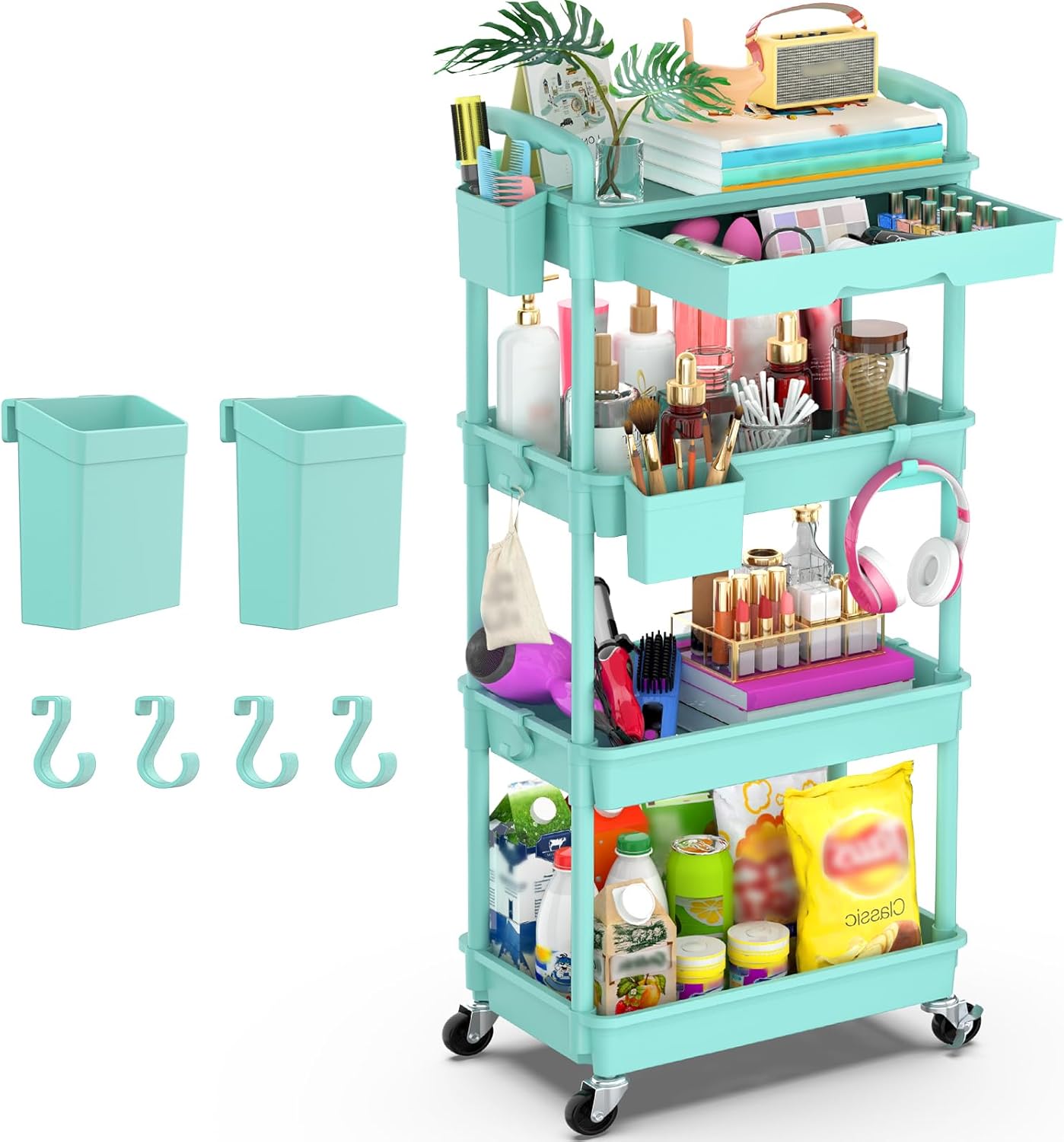 Goovilla 3 Tier Rolling Utility Cart Organizer with Removable Drawer, Black | Stable and Sturdy Rolling Storage Carts with 2 Lockable Wheels for Bathroom, Kitchen, Snack, Craft, Makeup, Baby Essentials