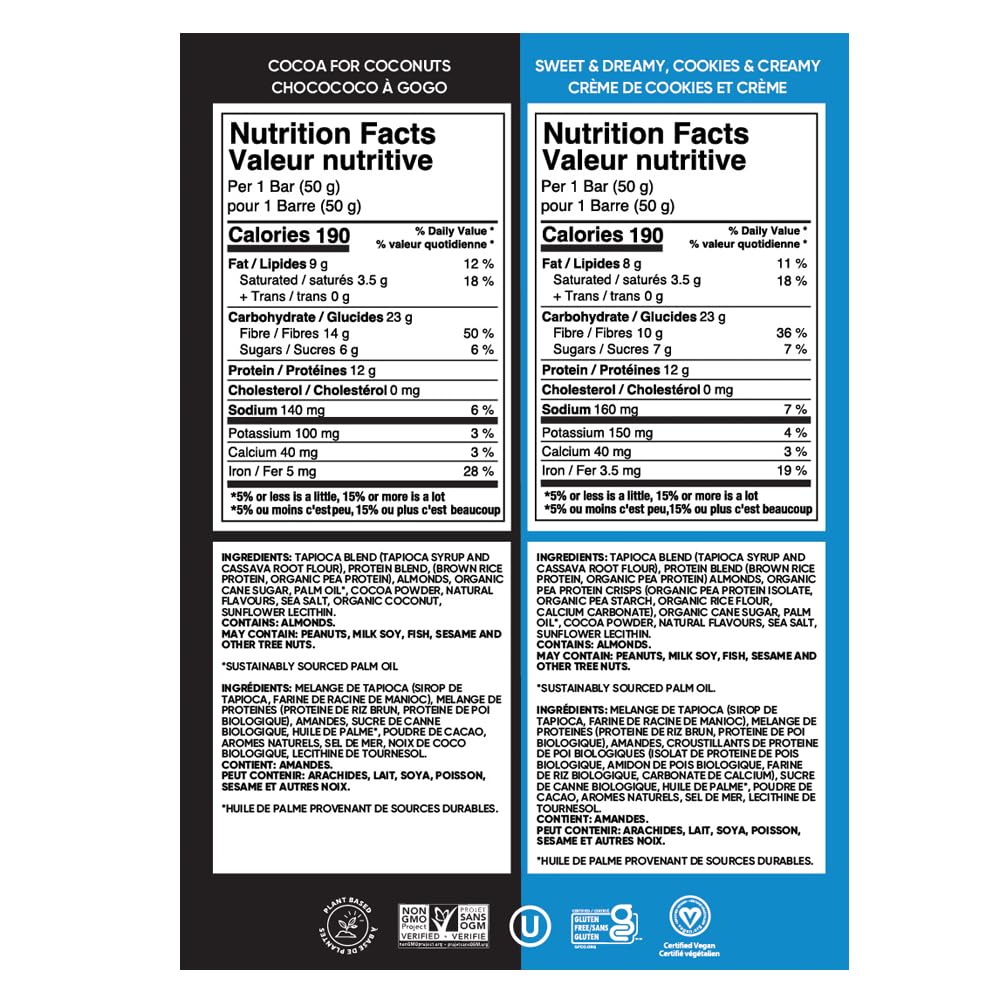 Vegan protein bar with cocoa, coconut, and cookies and creamy flavor, 16 count