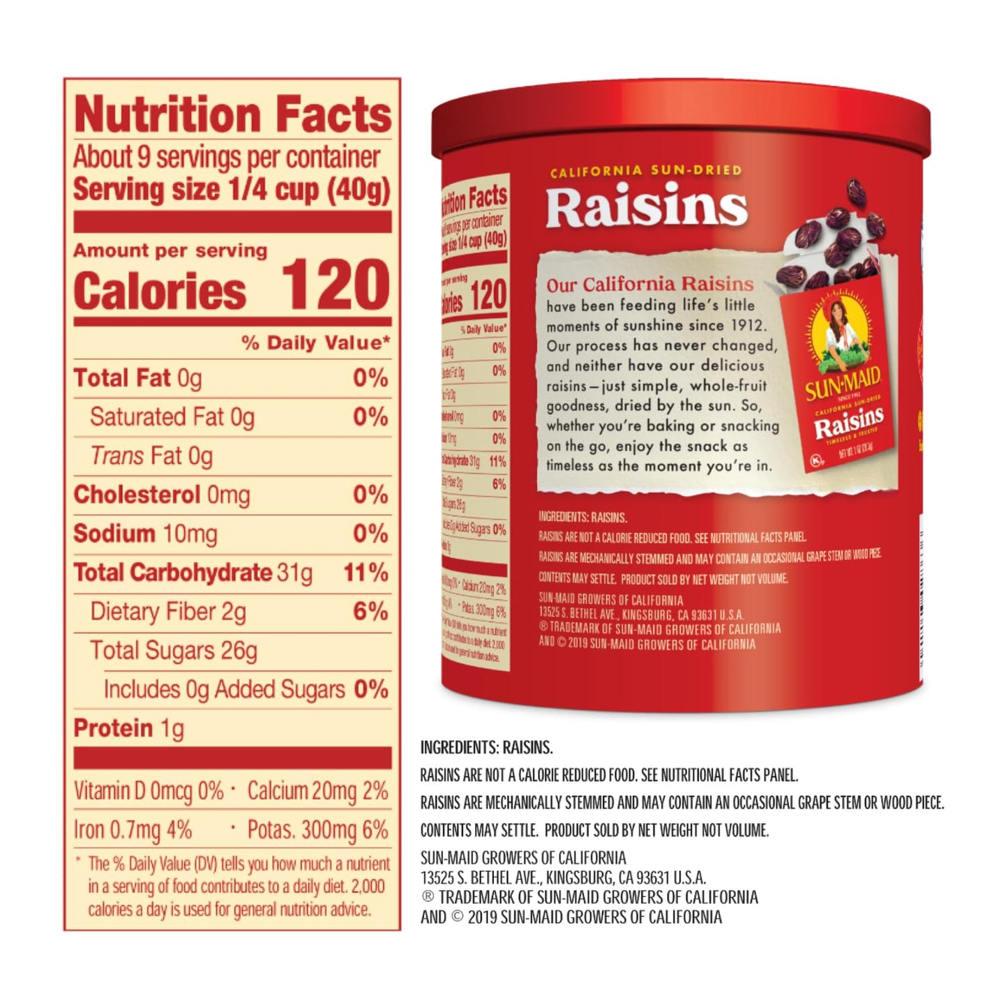 Sun-Maid 13 oz Resealable California Sun-Dried Raisins for Healthy Snacks and School Lunches, Non-GMO and No Added Sugar