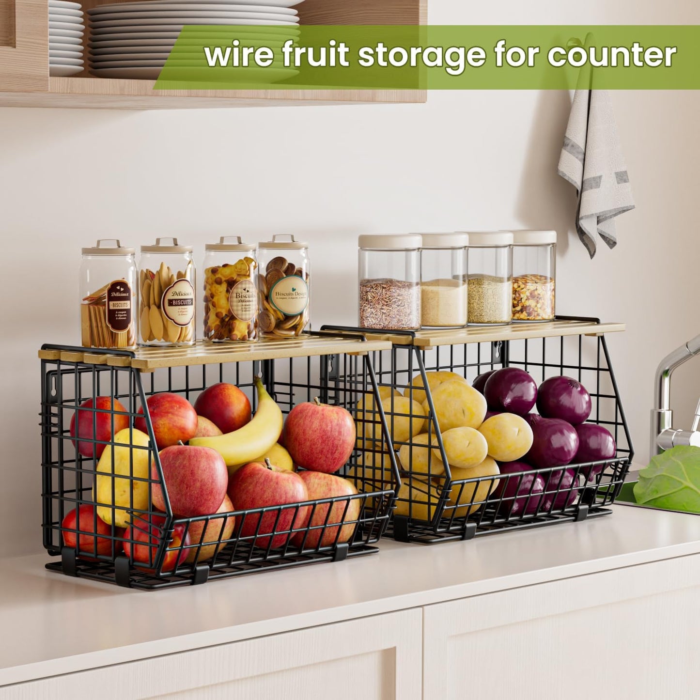 Hanging Fruit Basket for Kitchen, 3 Pack Vegetable Produce Basket | Wall Mounted & Countertop Wire Storage Basket for Potato Onion Fruits Vegetables, Pantry Organizers Storage
