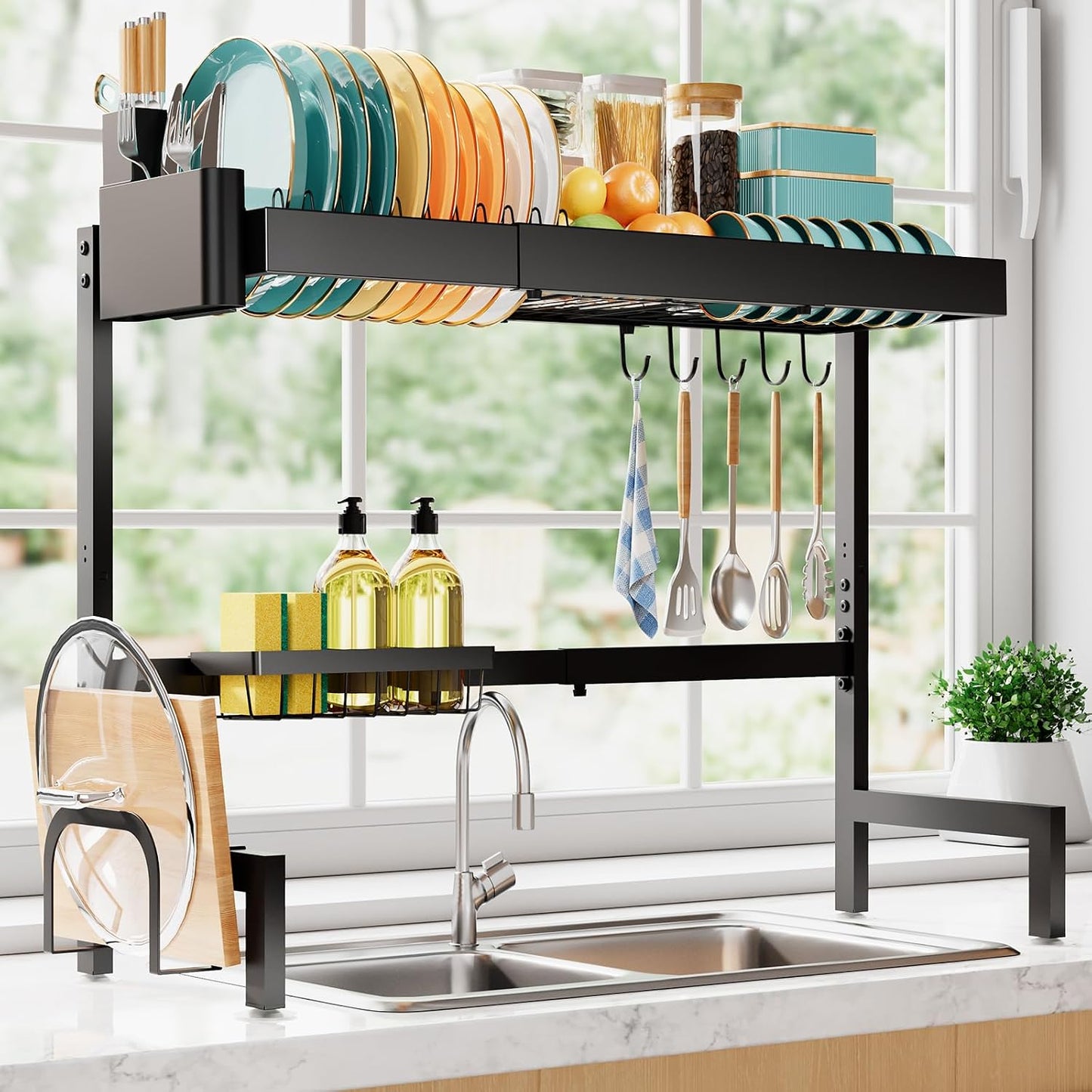 Sakugi Dish Drying Rack Over The Sink, Dish Drainer for Kitchen Counter | Stainless Steel Storage Organizer with Utensil Knife Holder & Hooks, Adjustable 11.8"Dx31.5"~39"Wx30"H, Black