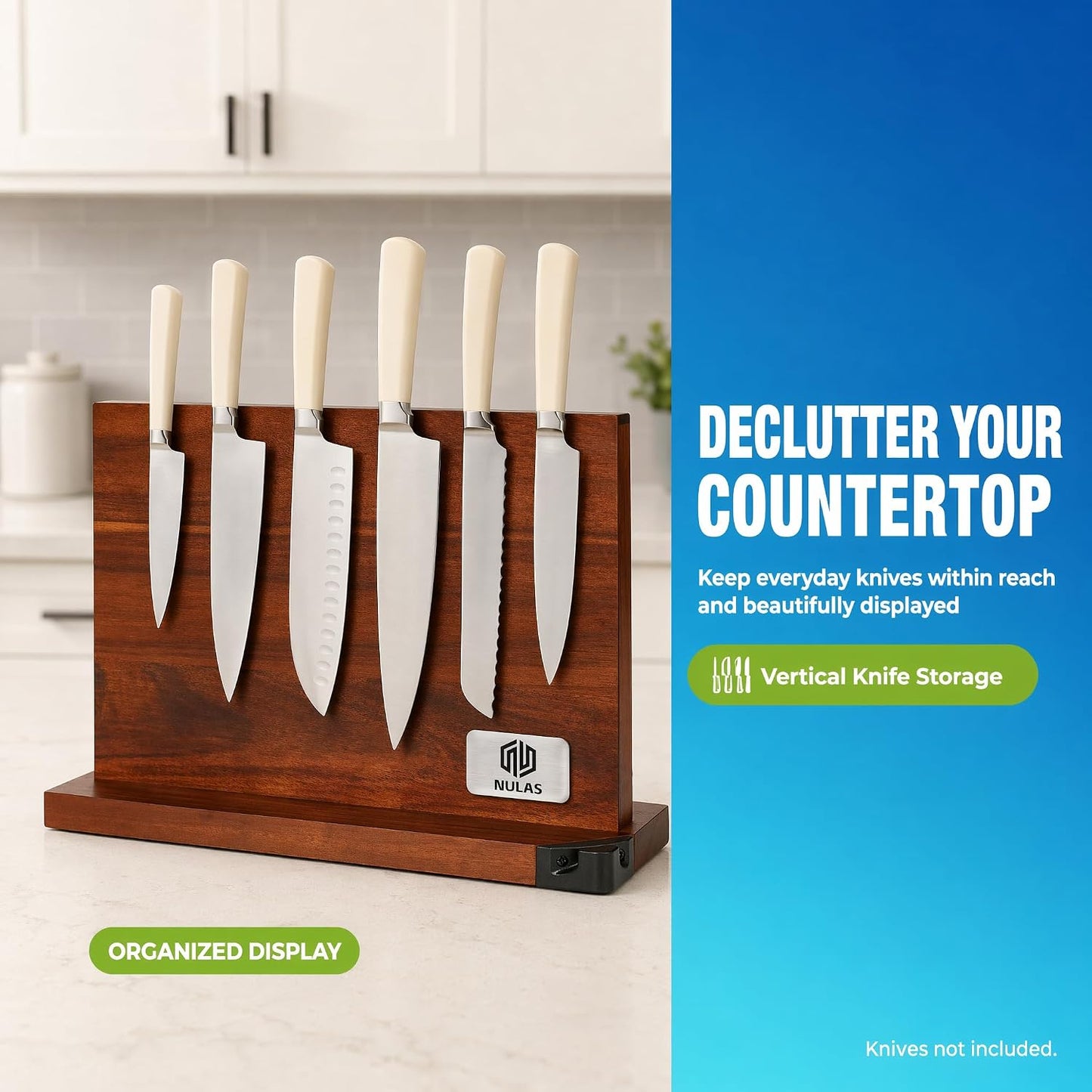Magnetic Knife Block with Built-in Sharpener, Double-Sided Countertop Magnetic Knife Holder, Holds Up to 12 Knives & Metal Kitchen Tools, Brown