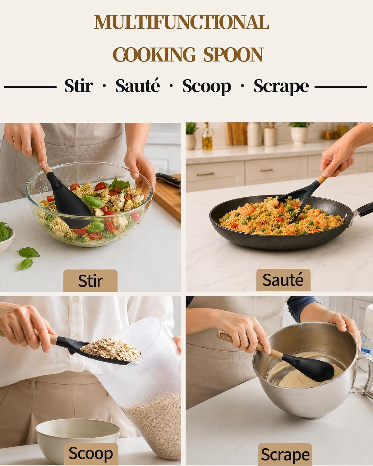 Astercook Cooking Spoon, Nonstick Safe Silicone Spatula with Long Wooden Handles, Heat Resistant, BPA-Free, Built-in Spoon Rest, 2 Pack Spatula Spoon for Stirring, Scooping, Scraping and Serving