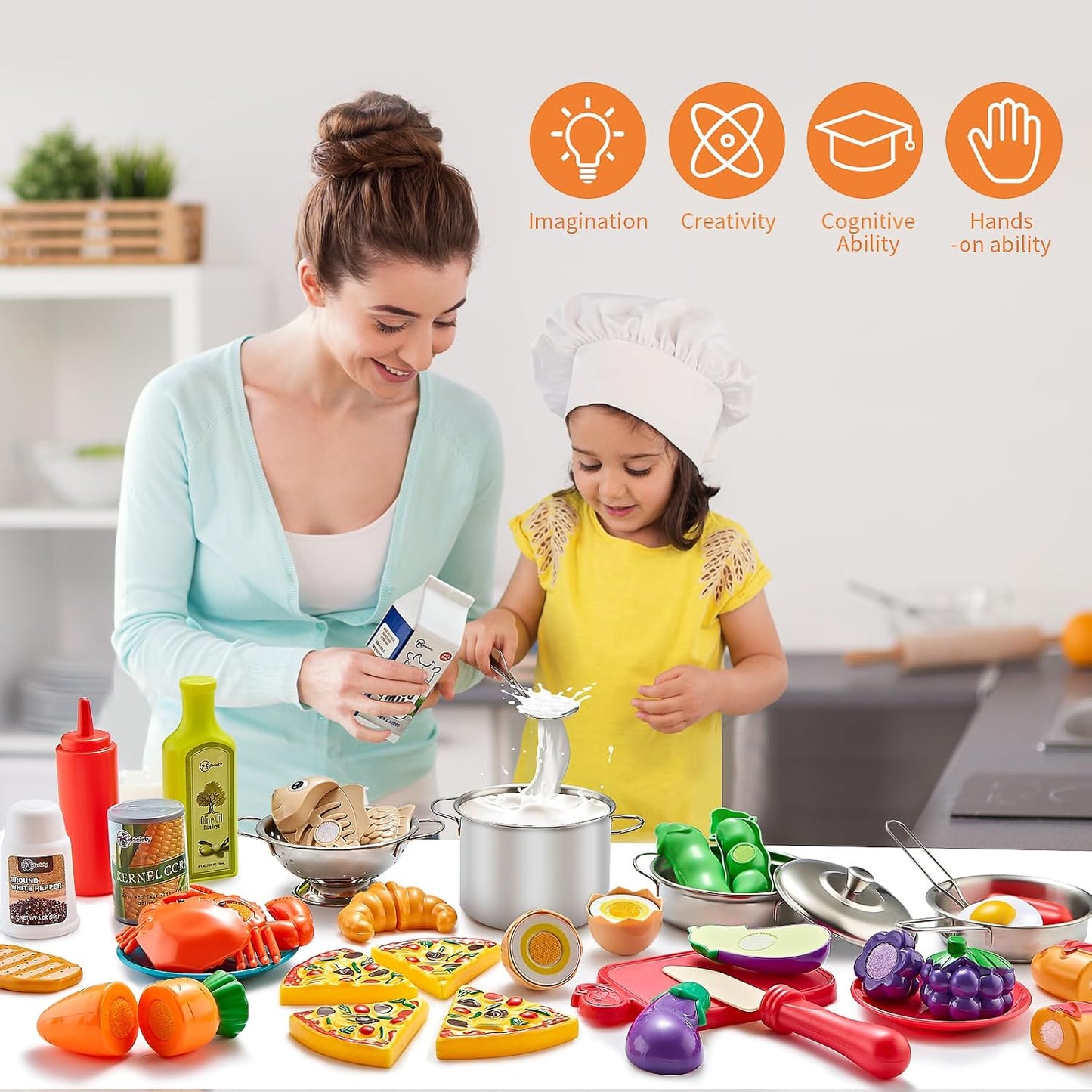 Kidsciety Pretend Play Kitchen Accessories, 52pc Kids Kitchen Playset with Play Food, Stainless Steel Cookware, Kitchen Toys Pots and Pans, Kids Kitchen Set with Cuttable Toy Food, Boys Girls Gift