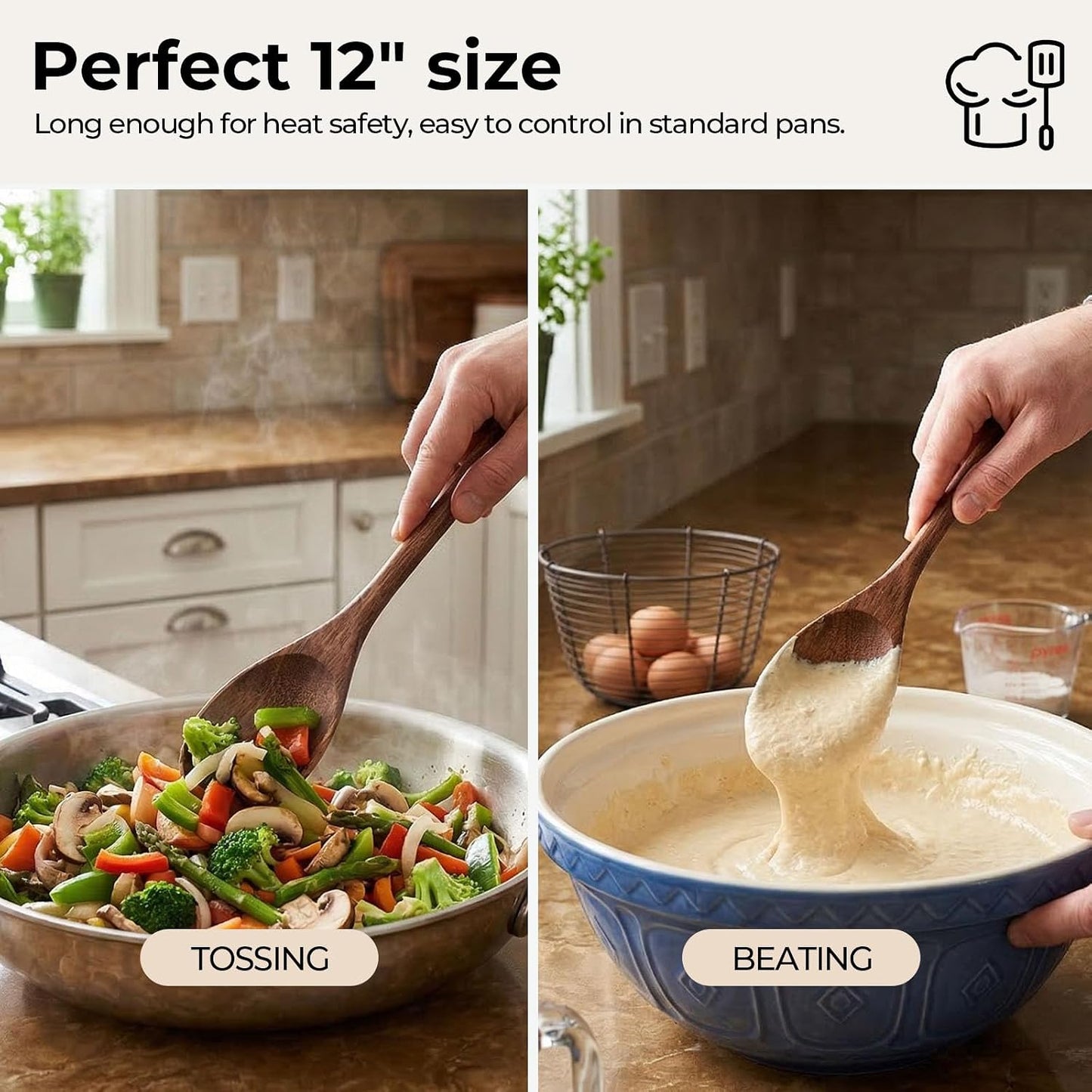 HAKSEN 2 PCS Wooden Cooking Spoons, Natural Acacia Wood Kitchen Utensil | 12 Inch Wooden Mixing Spoons for Baking, Tasting, Stirring Food, Comfort Grip, Durable, Kitchen Cooking Gifts for Women