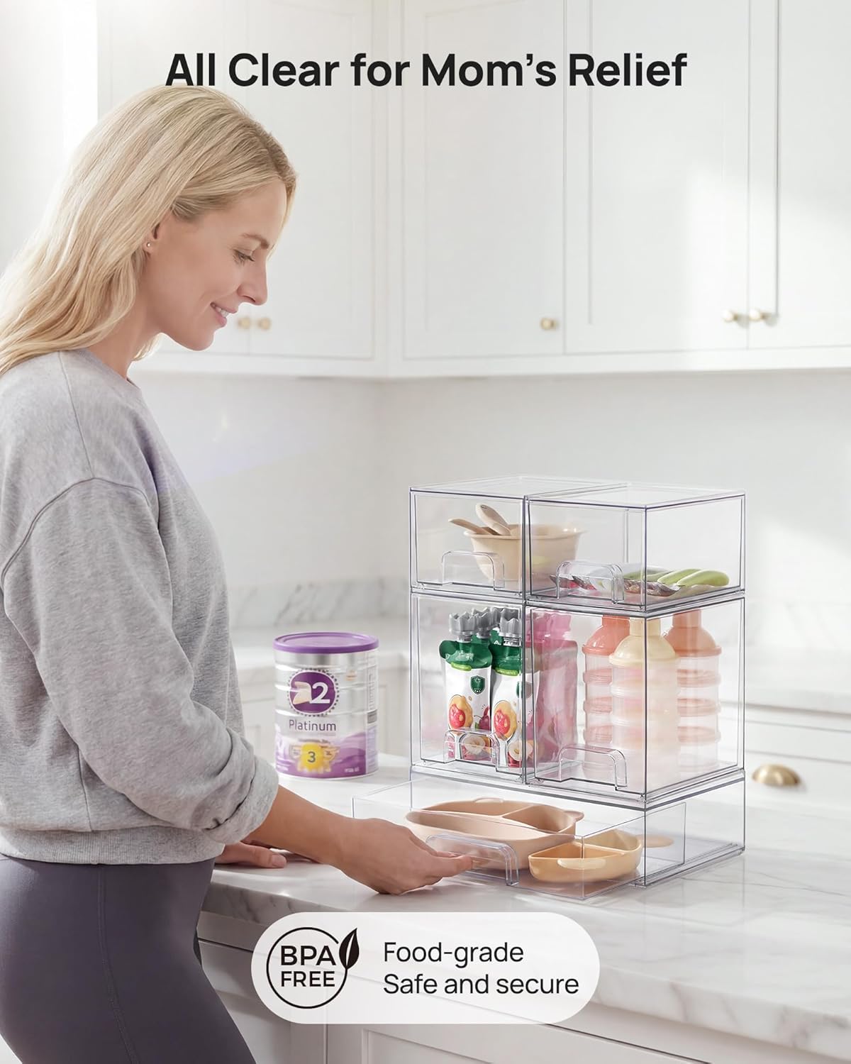 Vtopmart Stackable Storage Drawers Set of 5, Clear Plastic Organizer Bins for Baby Bottle, Beauty Supplies Storage, Ideal for Kichen Countertop, Vanity, Bathroom, Cabinet, Pantry Organization