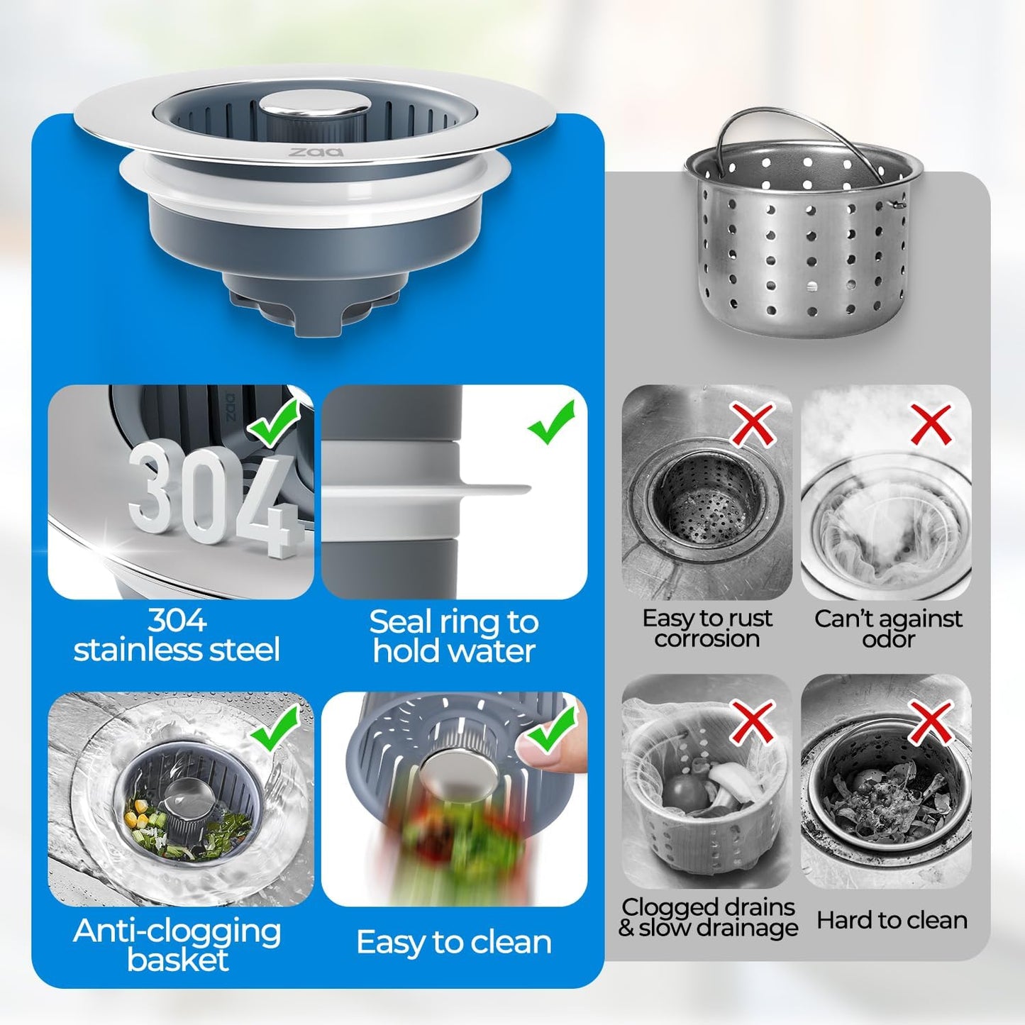 zaa 3 in 1 Kitchen Sink Drain Strainer Stopper Removable Basket Pop-Up | Kitchen Sink Accessories 1 Pack Silver Stainless - Food Catcher, Odor-Blocking Seal, Fits 3.5" Drain, Easy Clean