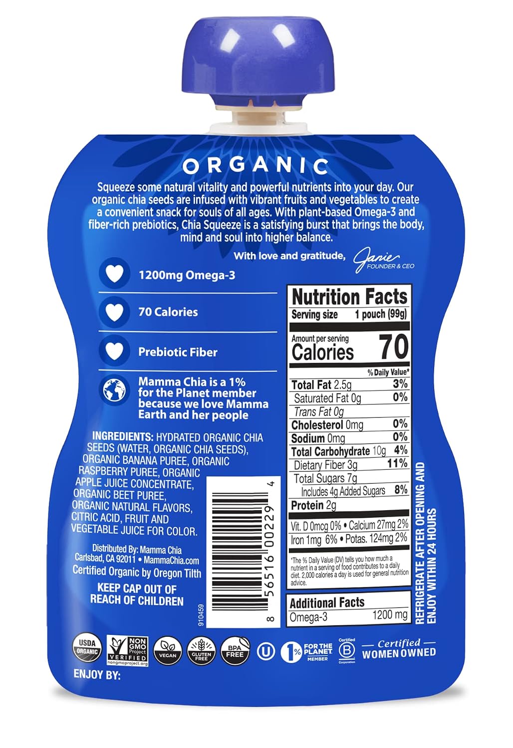 Mammachia Organic Chia Squeeze Vitality Snack, Wild Raspberry, No Added Sugar, Vegan Friendly, Kosher, USDA Certified Organic, Gluten Free & Non-GMO, 4 Count, 14 Ounce (Pack of 6)