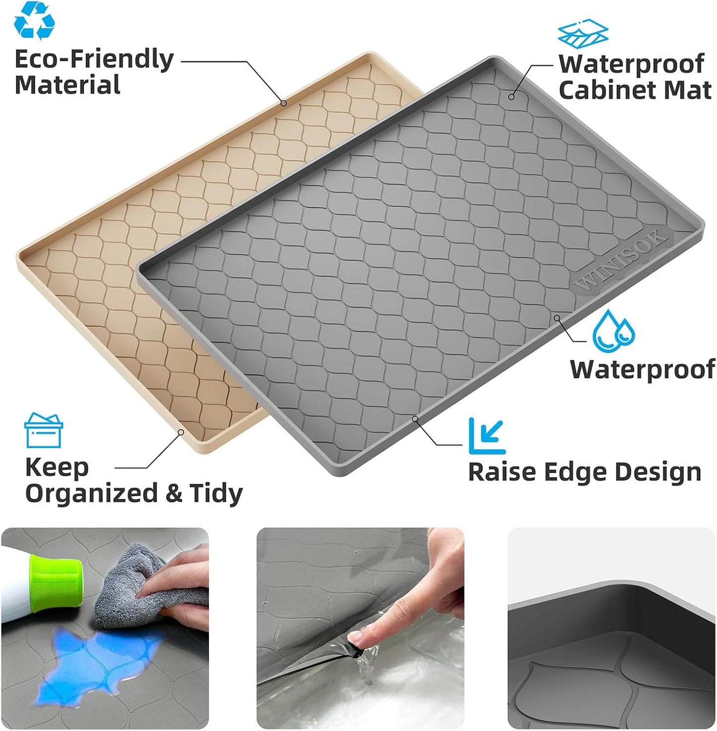 Winisok Waterproof Under Sink Mat 34" x 22", Silicone Mat, Beige | Raised Edge Traps Spills & Leaks, Shelf Liner, Cabinet Protector, for Kitchen, Bathroom, Boots, Pets, Home Essentials