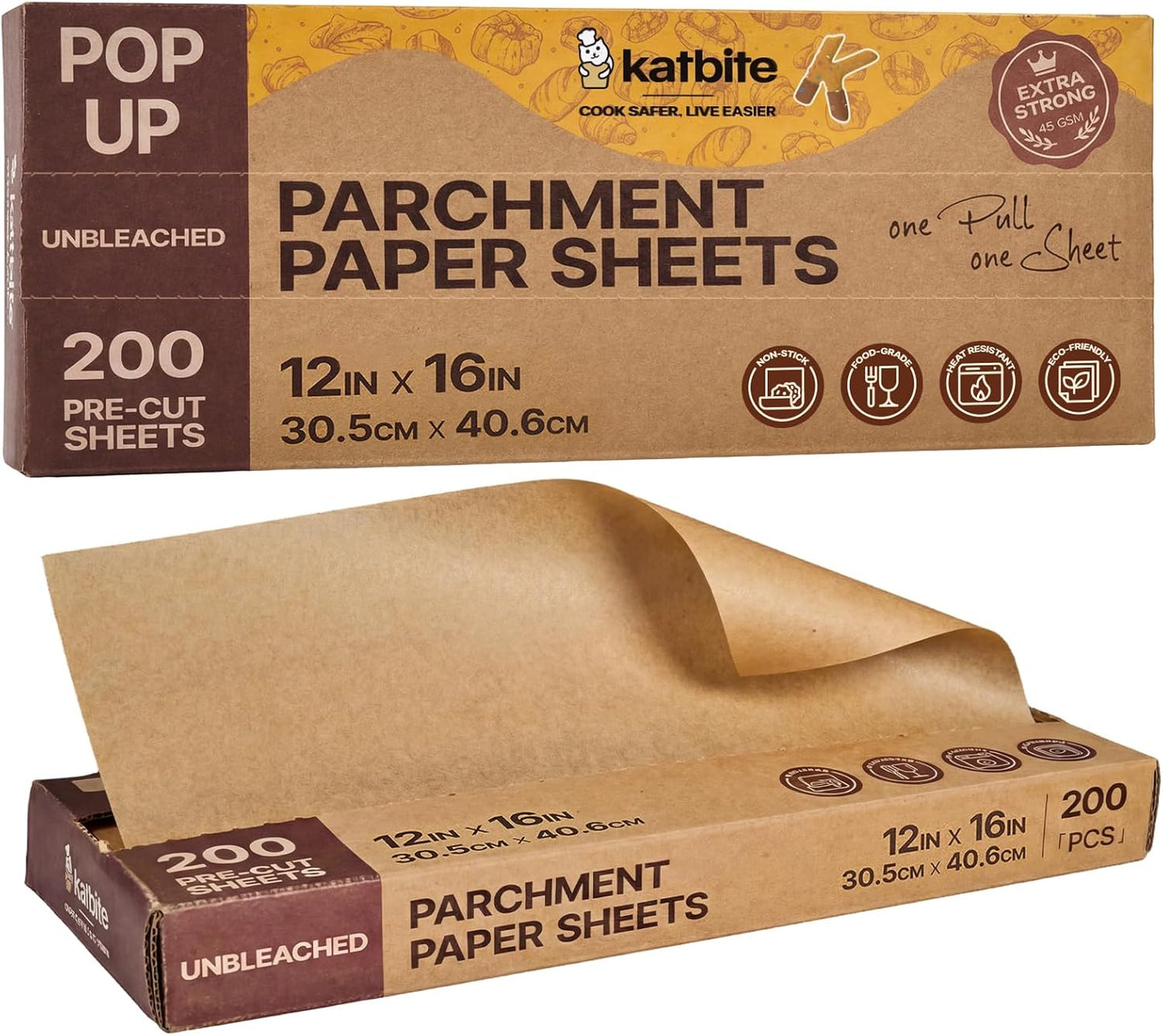 Katbite Parchment Paper Sheets Pop-Up 200 PCS, 12x16 Inches Precut Unbleached Baking Parchment, Extra Strong, Non-stick, Non-toxic, Heavy Duty Flat Baking Paper for Oven, Cooking, Grilling, Air Fryer