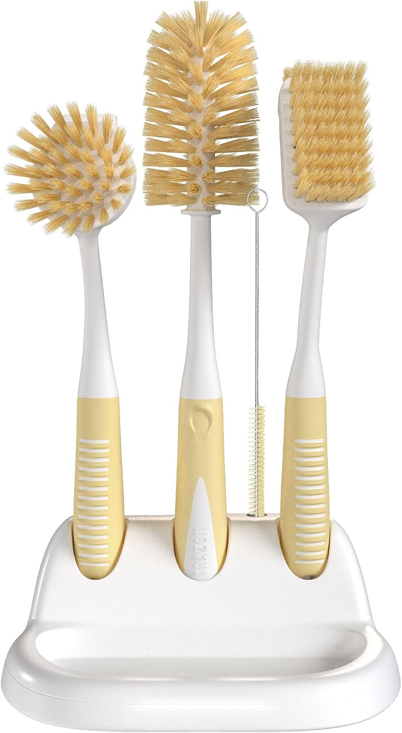 Dish Brush Set of 4 - Kitchen Scrub Brushes with Non-Slip Long Handle for Cleaning, Scrubber, Dishwashing, Dishes, Bottles, Straws, Cups, Pots & Sink, Black