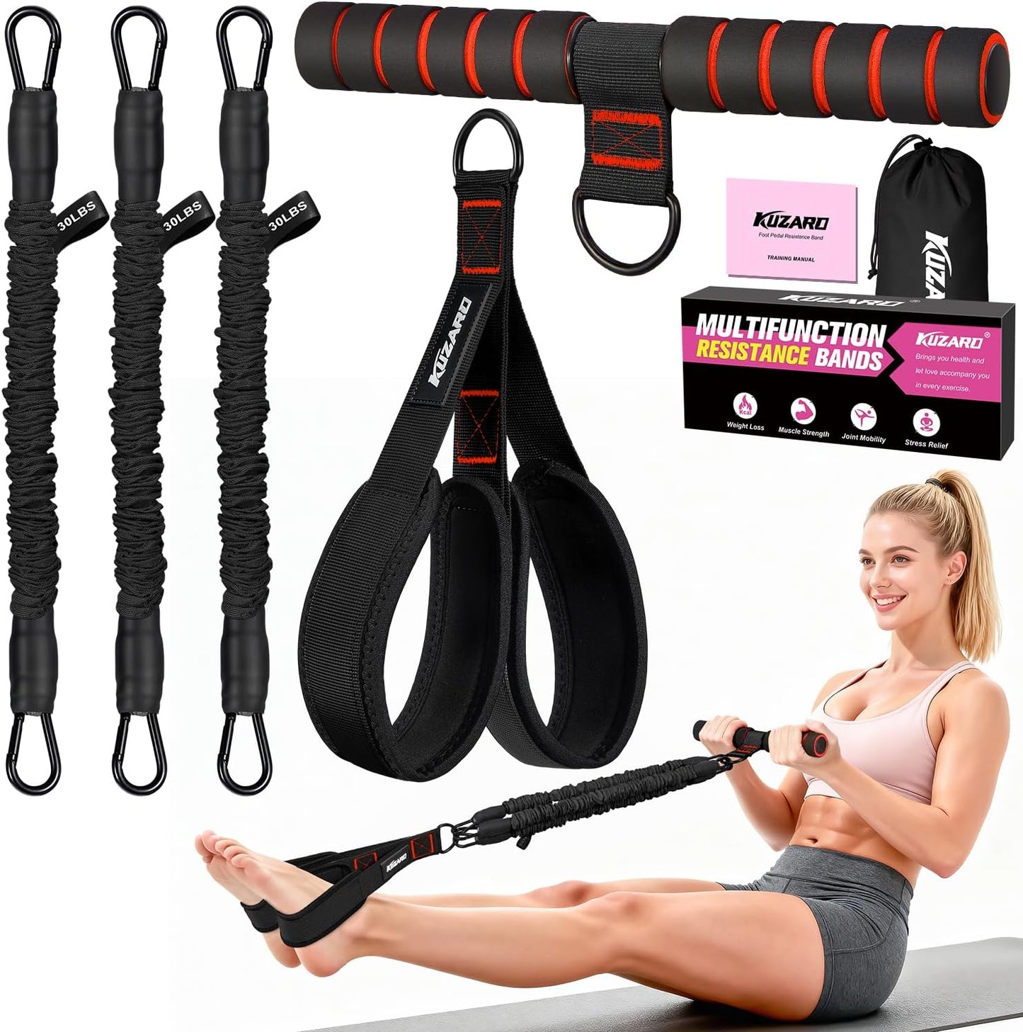 KUZARO Multifunction Pedal Resistance Bands for Full-Body Workout - Adjustable 30-90 lbs