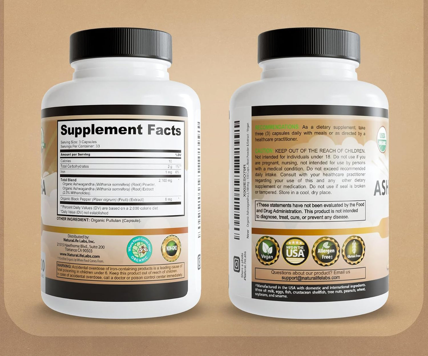 NaturaLife Labs Organic Ashwagandha 2100 mg per Serving – Full Spectrum Root Powder and Standardized Extract (Withanolides) – 100 Capsules – Vegan – Non-GMO, Gluten-Free