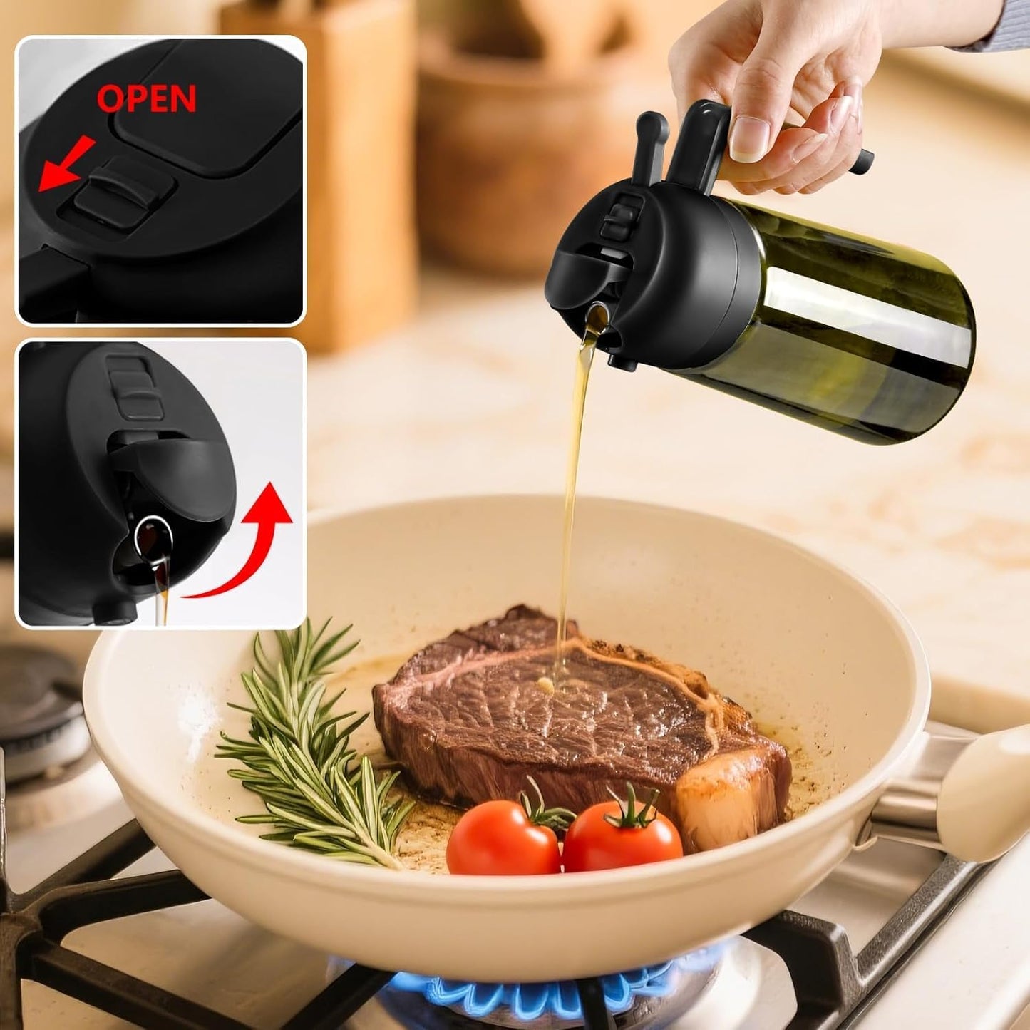 SWEET VIEW Olive Oil Sprayer for Cooking 16oz/470ml | Glass Light-Proof Oil Pourer for Kitchen with Stickers for Air Fryer, Cooking, Salad, BBQ with Stickers