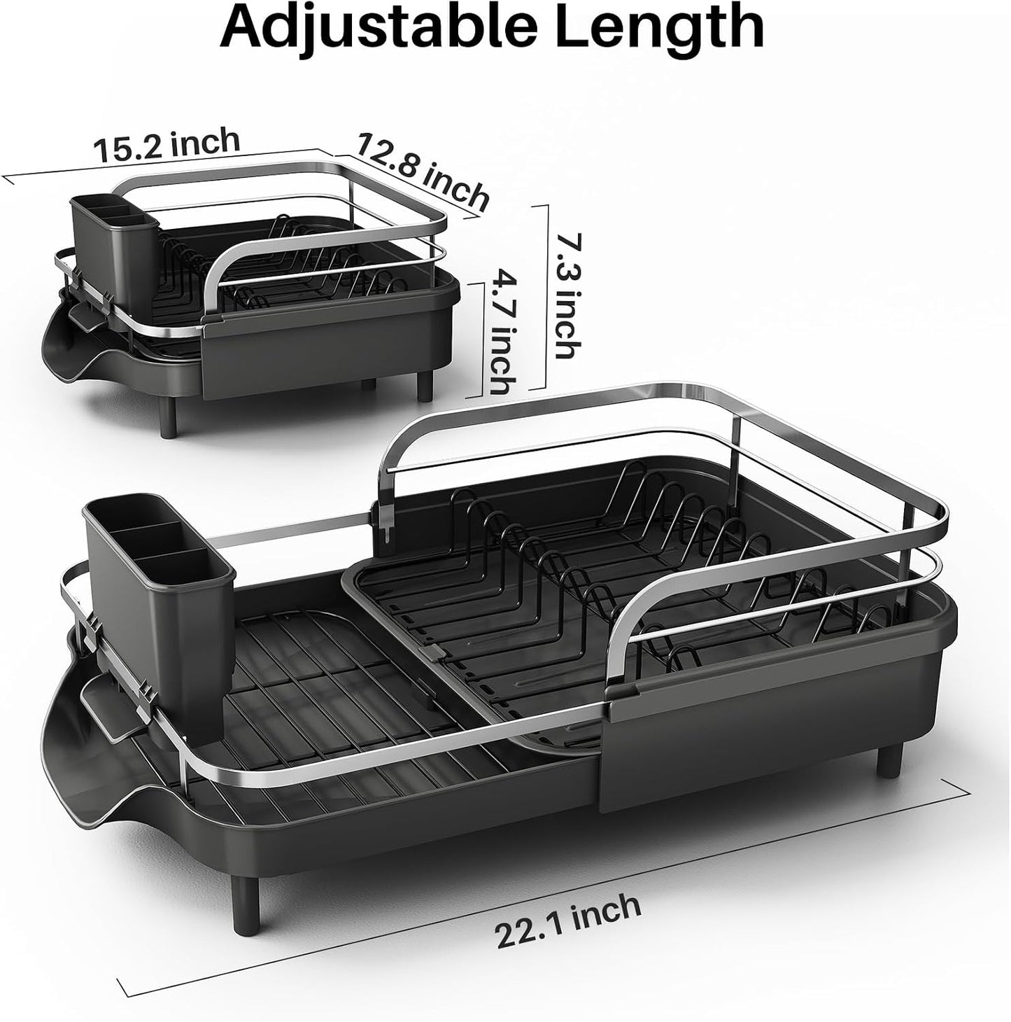 SNTD Expandable Dish Drying Rack for Kitchen Counter, 15.2-22.1 in, Black | Rust-Resistant Stainless Steel, Protective Side Rails, Self-Draining Drainboard, Removable Utensil Holder