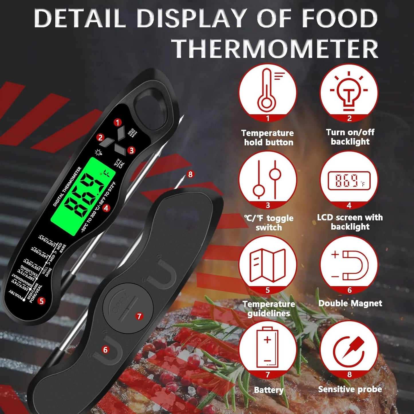Cooking Thermometer,IP67 Waterproof Meat Thermometer Digital | Backlight,Magnetic attraction,Hold Function,Instant Read,LED screen,for Cooking,Outdoor Grilling
