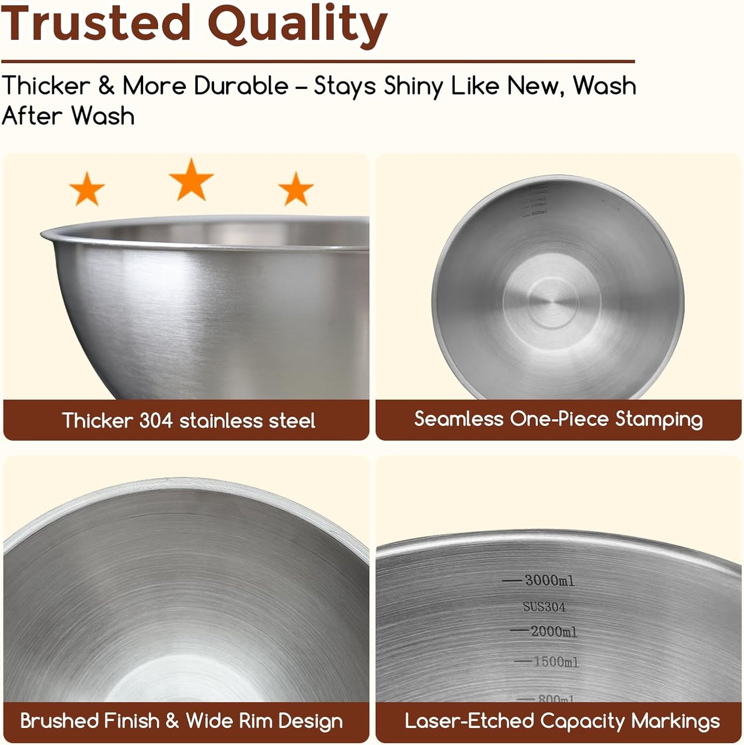 Gronivex Stainless Steel Mixing Bowls Set, 3-Piece (1.5, 2.2 & 3.4 Qt) | Food-Grade Metal, Dishwasher safe,Stackable Nesting & Space-Saving – For Kitchen Baking, Salads, Meal Prep, RV & Camping