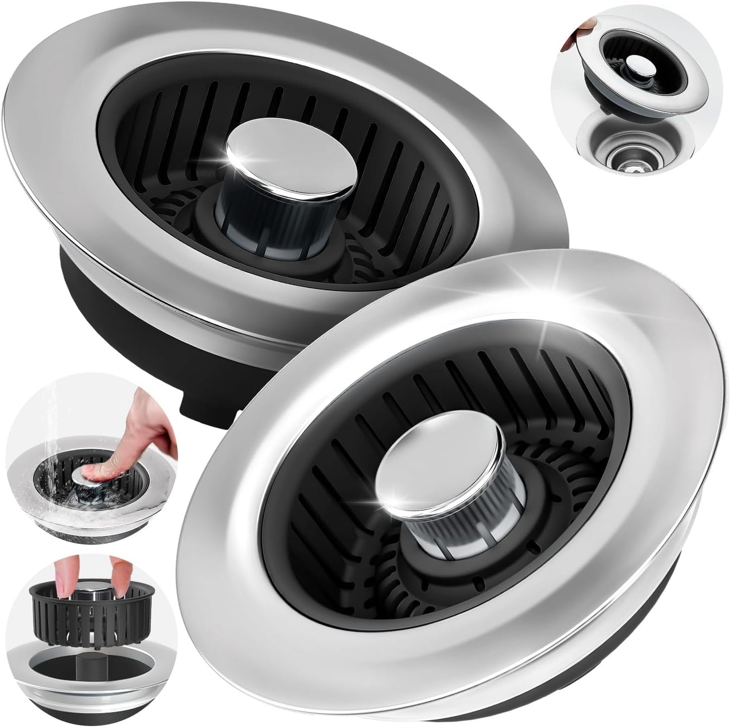 zaa 3 in 1 Kitchen Sink Drain Strainer Stopper Removable Basket Pop-Up | Kitchen Sink Accessories 1 Pack Silver Stainless - Food Catcher, Odor-Blocking Seal, Fits 3.5" Drain, Easy Clean